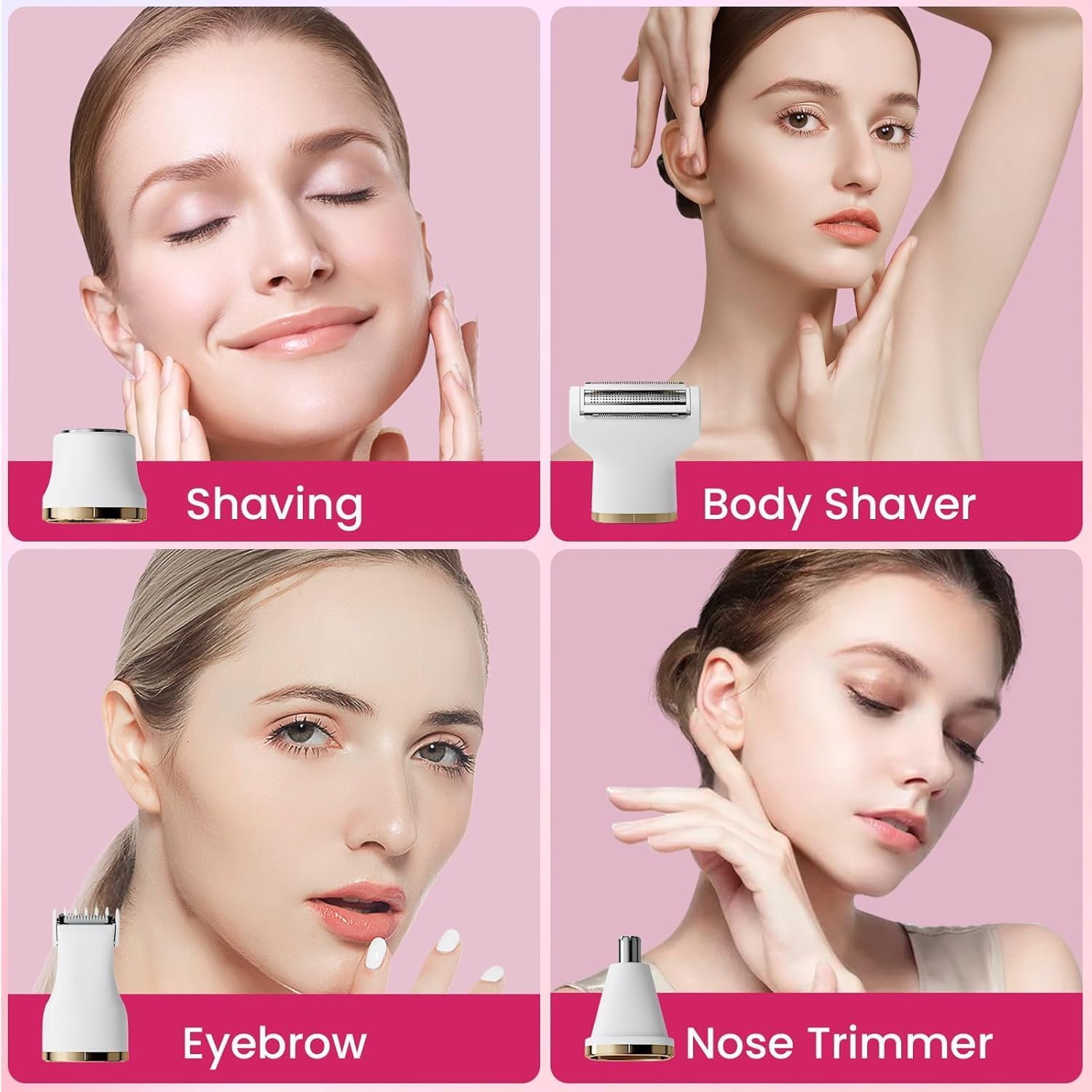 Electric Bikini Trimmer for Women - 4 in 1 Electric Shaver for Women, Waterproof Pubic Hair Trimmer and Facial Hair Remover, Replaceable Razors & Nose Hair Trimmer, Rechargeable Women'S Grooming Kit