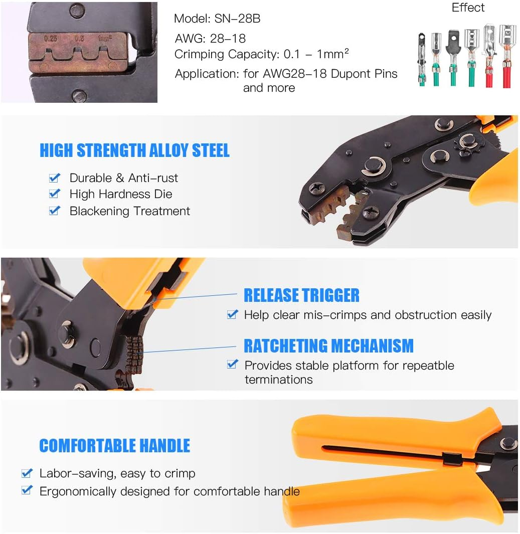 Glarks 486Pcs Wire Crimper Plier with Connector Set, SN-28B Ratchet Crimping Tool with 485Pcs 2.54Mm 1 2 3 4 5 6 7 Pin Housing Connector Male Female Pin Header Crimp Connector for AWG28-18 Dupont Pins image number 3