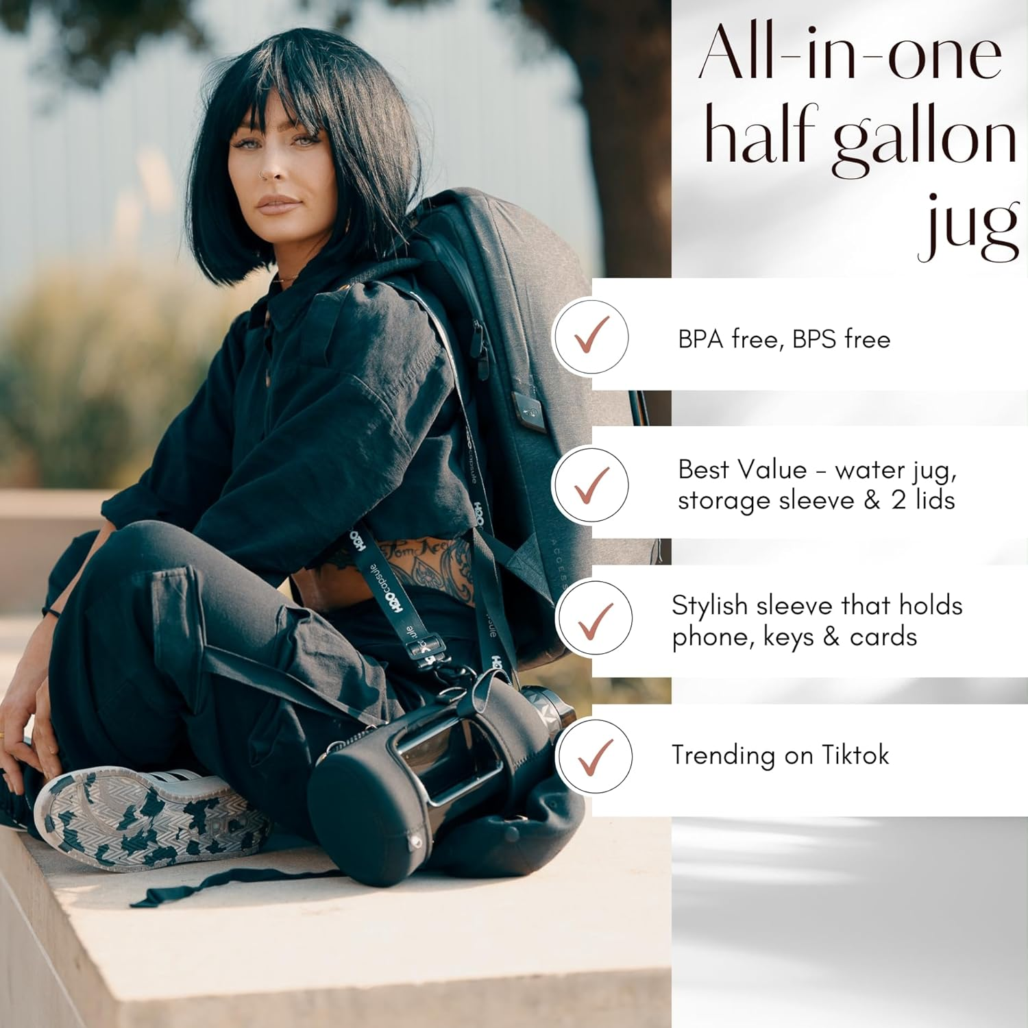 H2O Capsule 2.2L Half Gallon Water Bottle with Storage Sleeve and Removable Straw &ndash; BPA Free Large Reusable Drink Container with Handle - Big Sports Jug, 2.2 Liter (74 Ounce), Jet Black image number 6