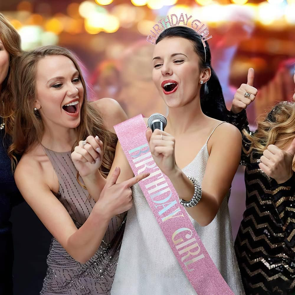 Birthday Girl Sash Crown Set - Sparkling Rhinestone Tiara for Women, Girls Party Birthday Gifts for Sister, Bestie, Daughter Princess Birthday Decor Accessories (Pink) - Gold Black image number 2