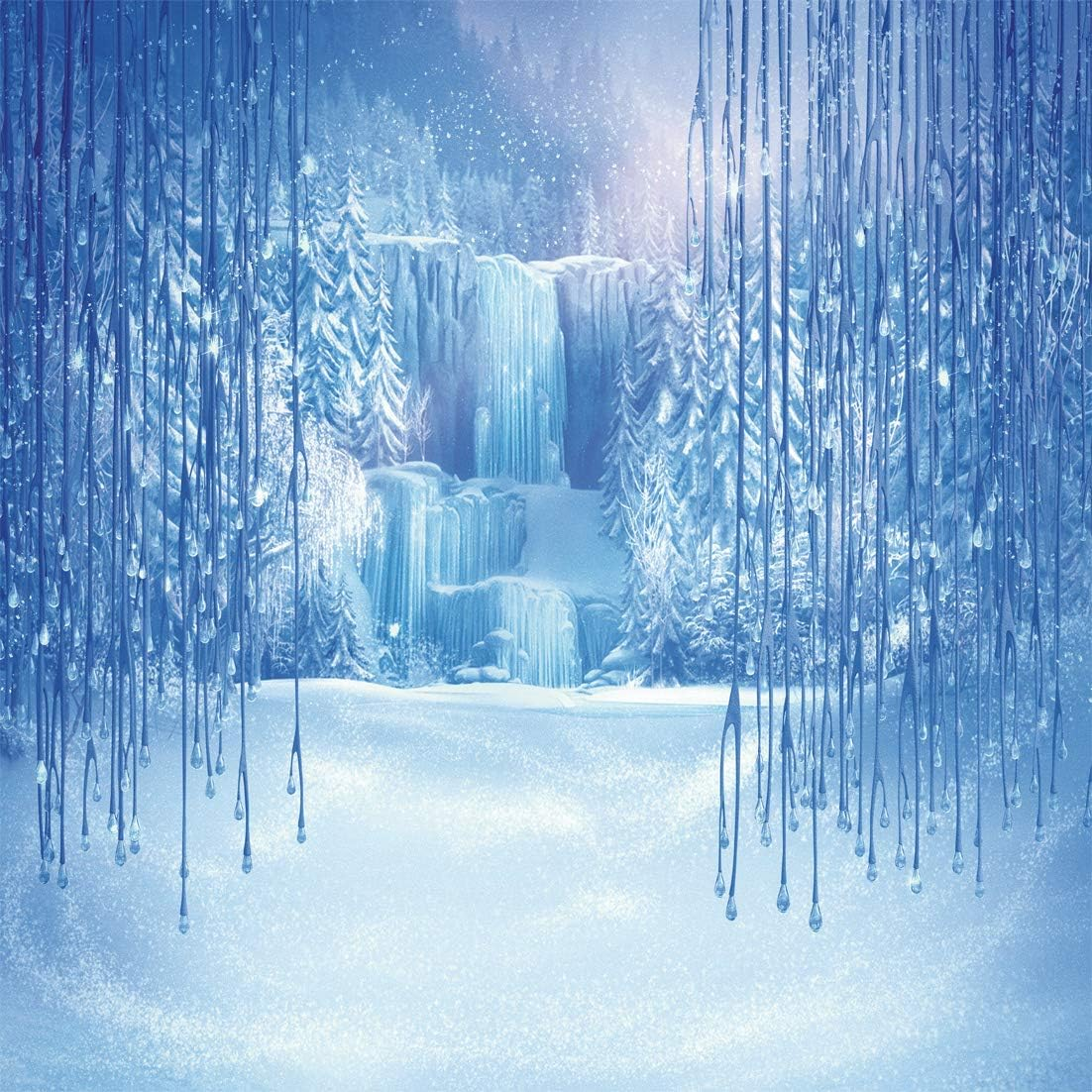 LYWYGG 8X8FT Ice and Snow White World Photography Backdrops Background Christmas Winter Snow Ice Crystal Pendant World for Children Photo Studio Props Backdrop CP-12-0808