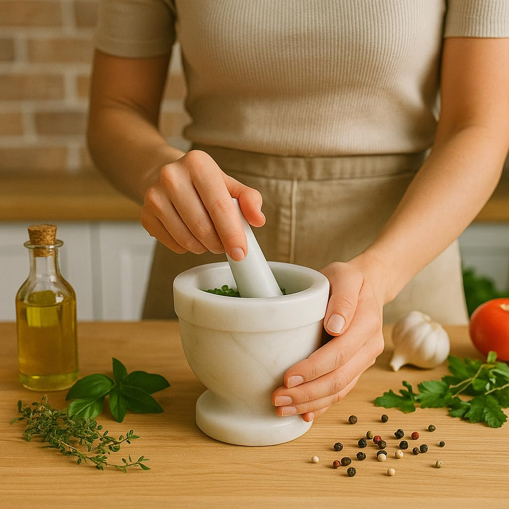 Handcrafted Mortar and Pestle &ndash; Solid Stone Grinder for Spices and Herbs &ndash; Artisan Carved from Yushan Marble, Elegant and Durable for Everyday Cooking