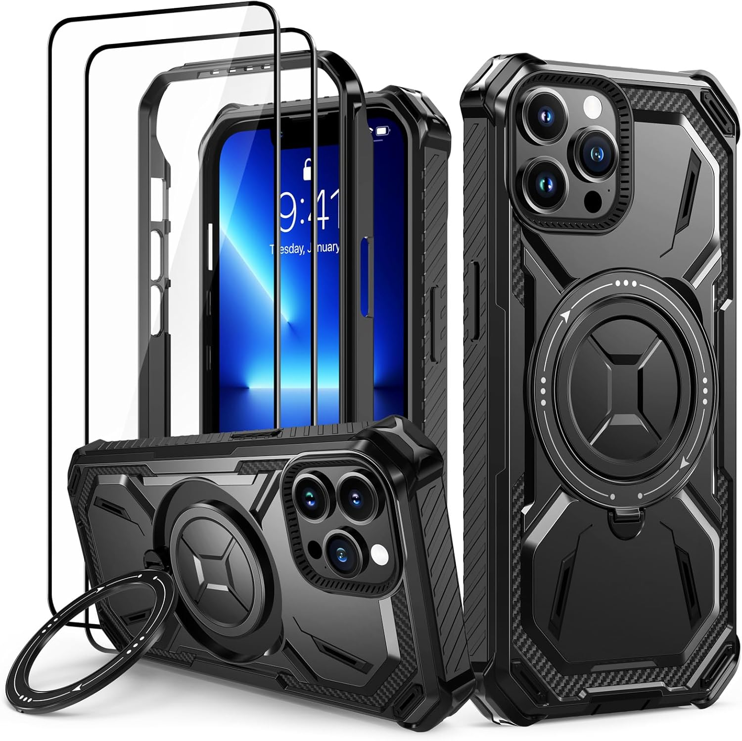 Lanhiem Mobile Phone Case for Iphone 11 Pro Case with 2 Pieces Tempered Glass and 360&deg; Ring Stand, Military Shockproof Protective Case for Iphone 11 Pro Case, Green