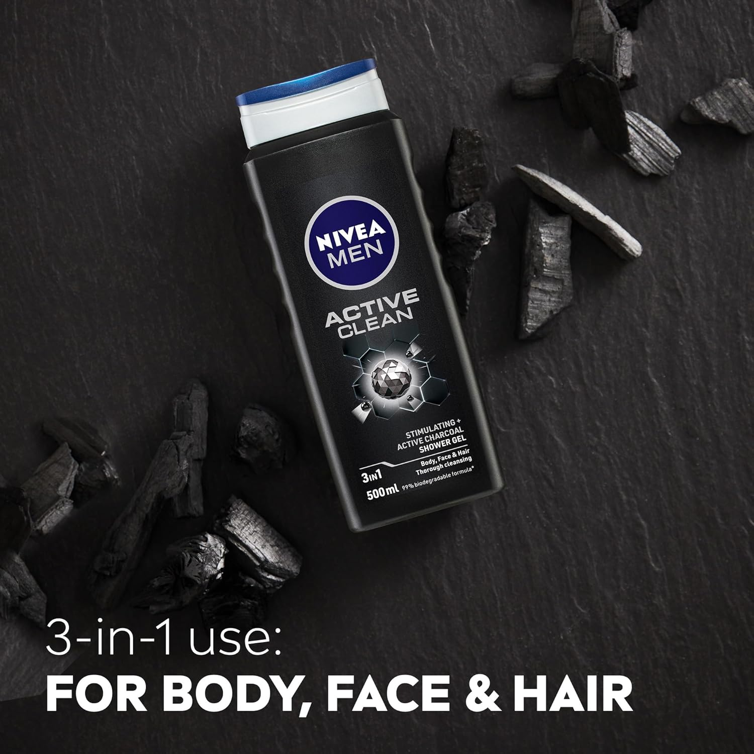NIVEA MEN Active Clean Shower Gel 500Ml | with Active Charcoal to Revitalise Skin | Men'S 3-In-1 Body Wash for Body, Face & Hair | Gentle Cleanser | Lasting Freshness