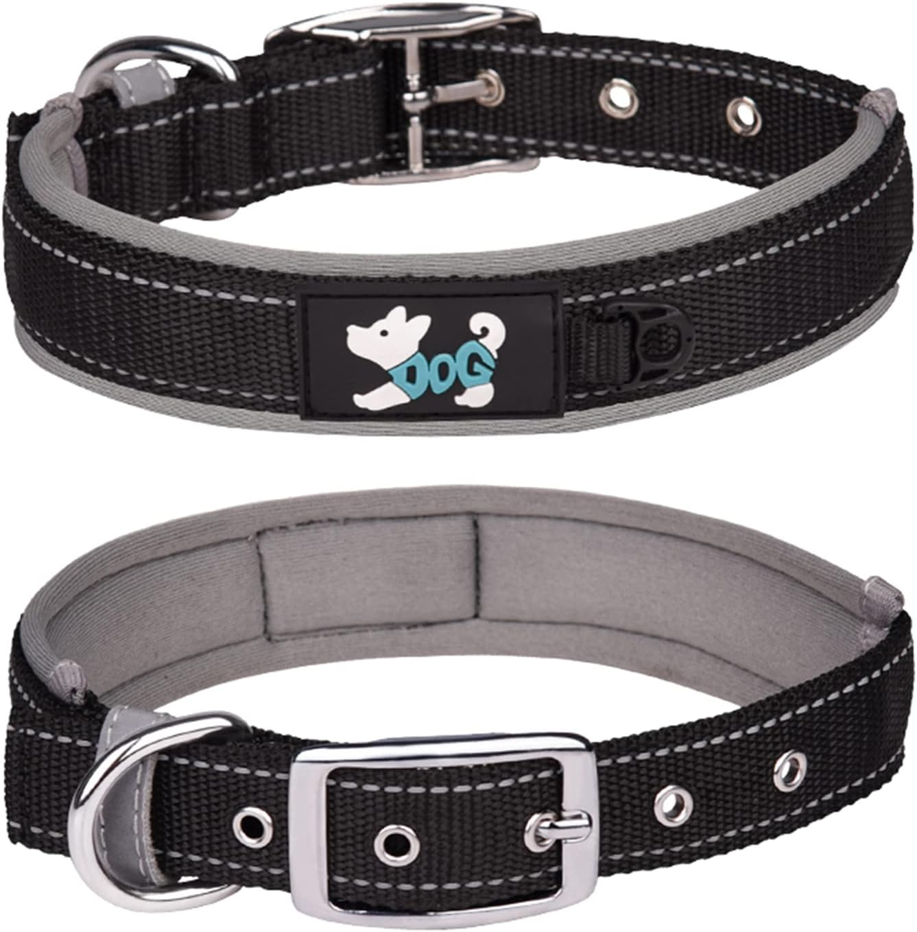 Haoyueer Comfortable Soft Neoprene Padded Dog Collar, Reflective Pet Collar, Adjustable Heavy Duty Nylon Dog Collar for All Breeds Large Dogs (L, Grey)