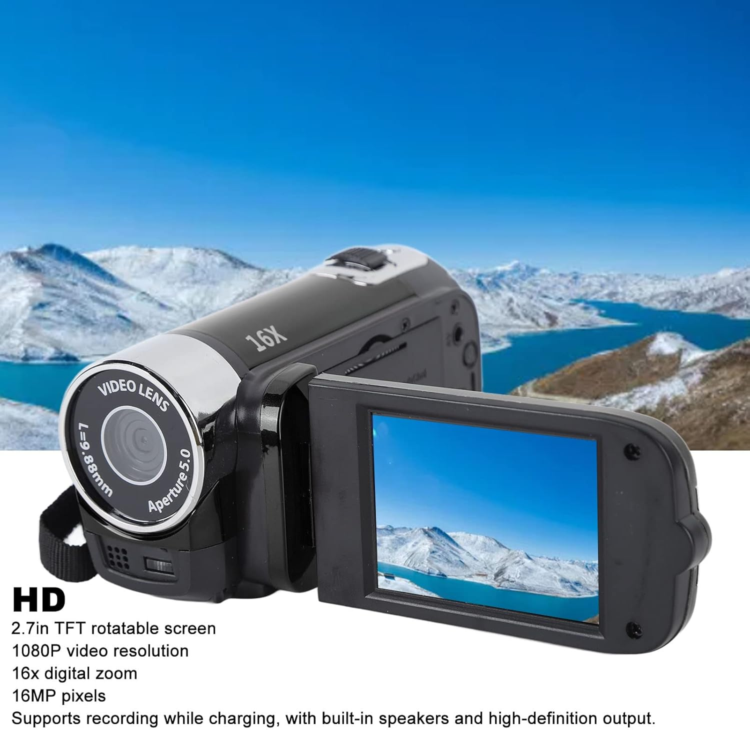 Video Camera Camcorder, 4K 48MP FHD Digital Camera Recorder with 2.7In TFT Rotatable Screen, 16X Digital Zoom, Fill Light, USB Cable, DV Camera (Black) - Black image number 5