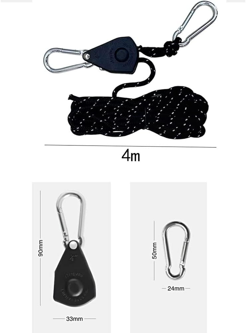 Heavy Duty Adjustable Grow Light Ratchet Rope Hanger for Grow Light Fixtures, Black（4Pcs） image number 5
