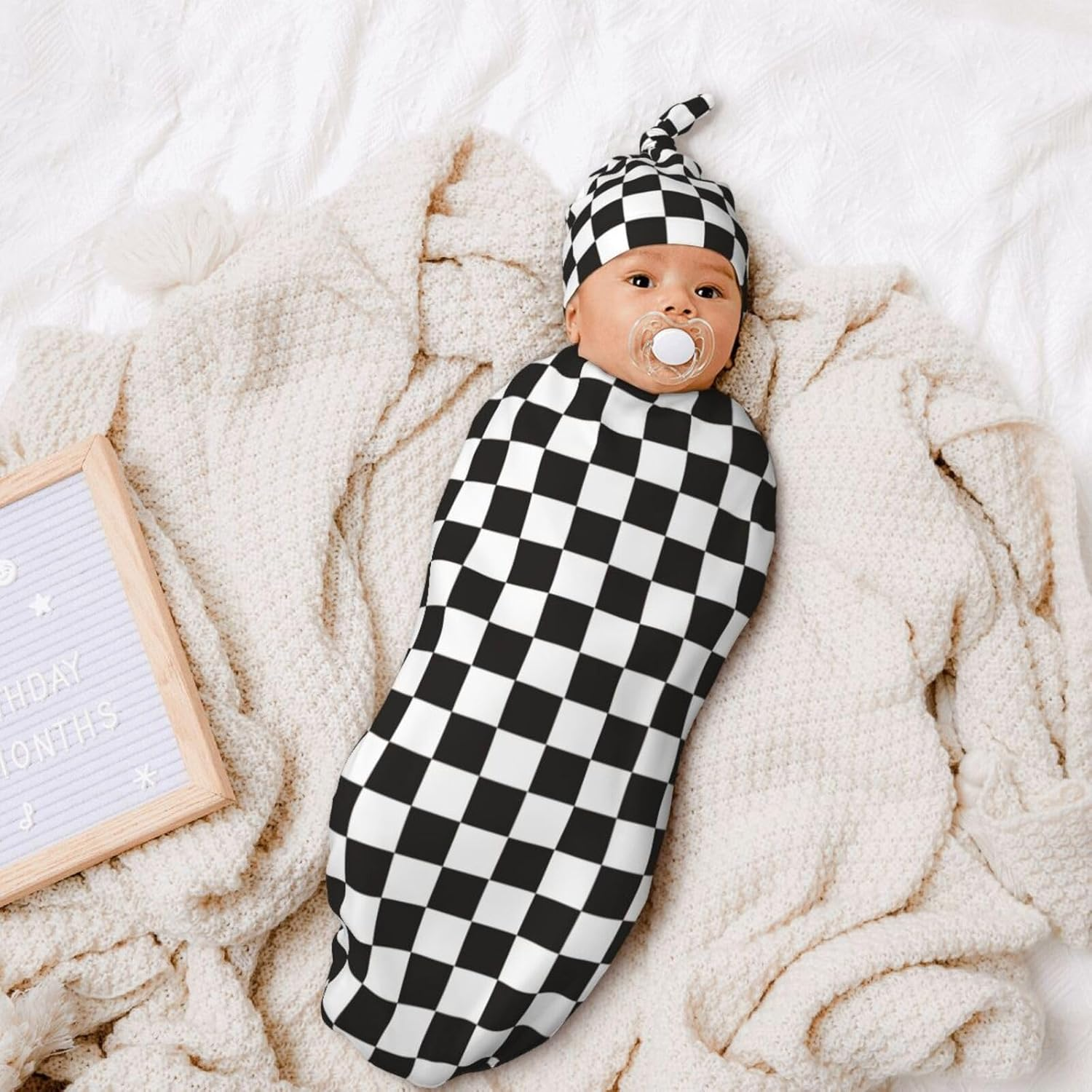 Black and White Checked Flag Baby Girl Boy Gifts Newborn Swaddle Blanket with Beanie Hat Set,Stretchy Receiving Blankets Newborn Essentials, for Girls Boys - Black And White Checked Flag image number 4