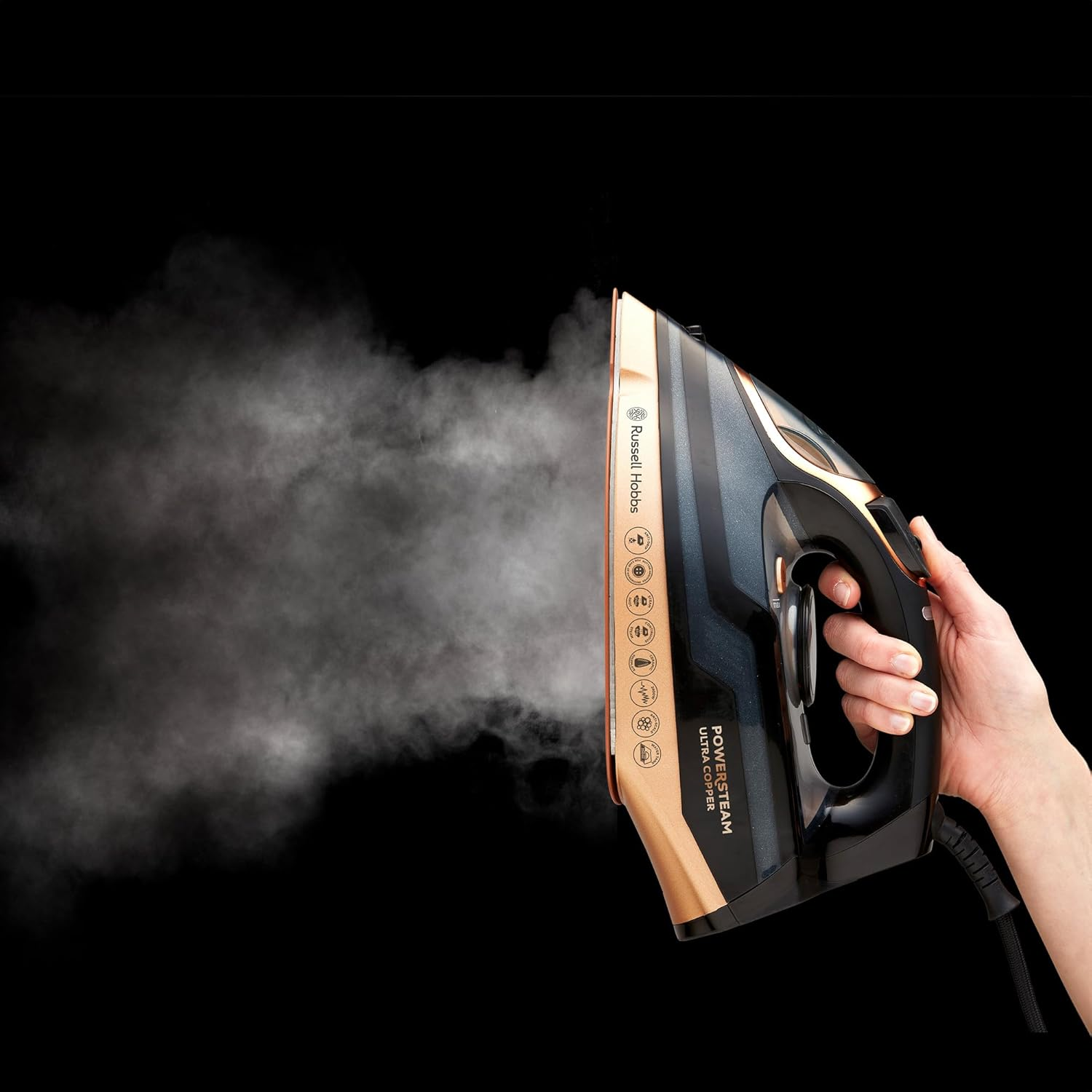 Russell Hobbs Powersteam Ultra Copper Iron, RHC560, 350Ml Water Tank, Vertical Steam Function, Non-Stick, Black and Copper image number 4