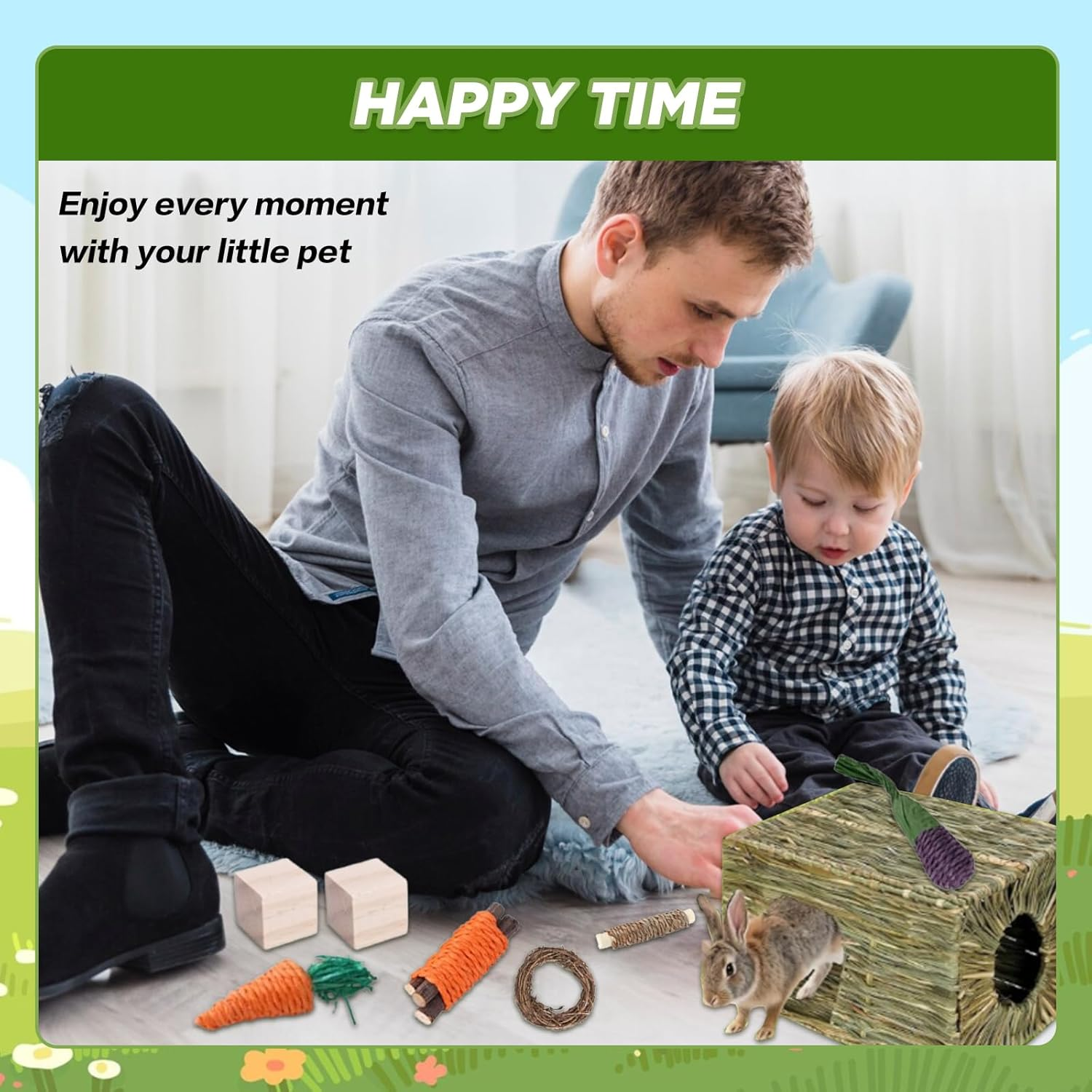 SUSOO Large Rabbit Grass House & Chewing Toy Set &ndash; Foldable Bunny Hideout, Natural Grass Bed,14 Natural Chew Toys with Carrot Shape Rattan, Apple Branch, Pinecone for Hamster, Guinea Pigs&Chinchilla