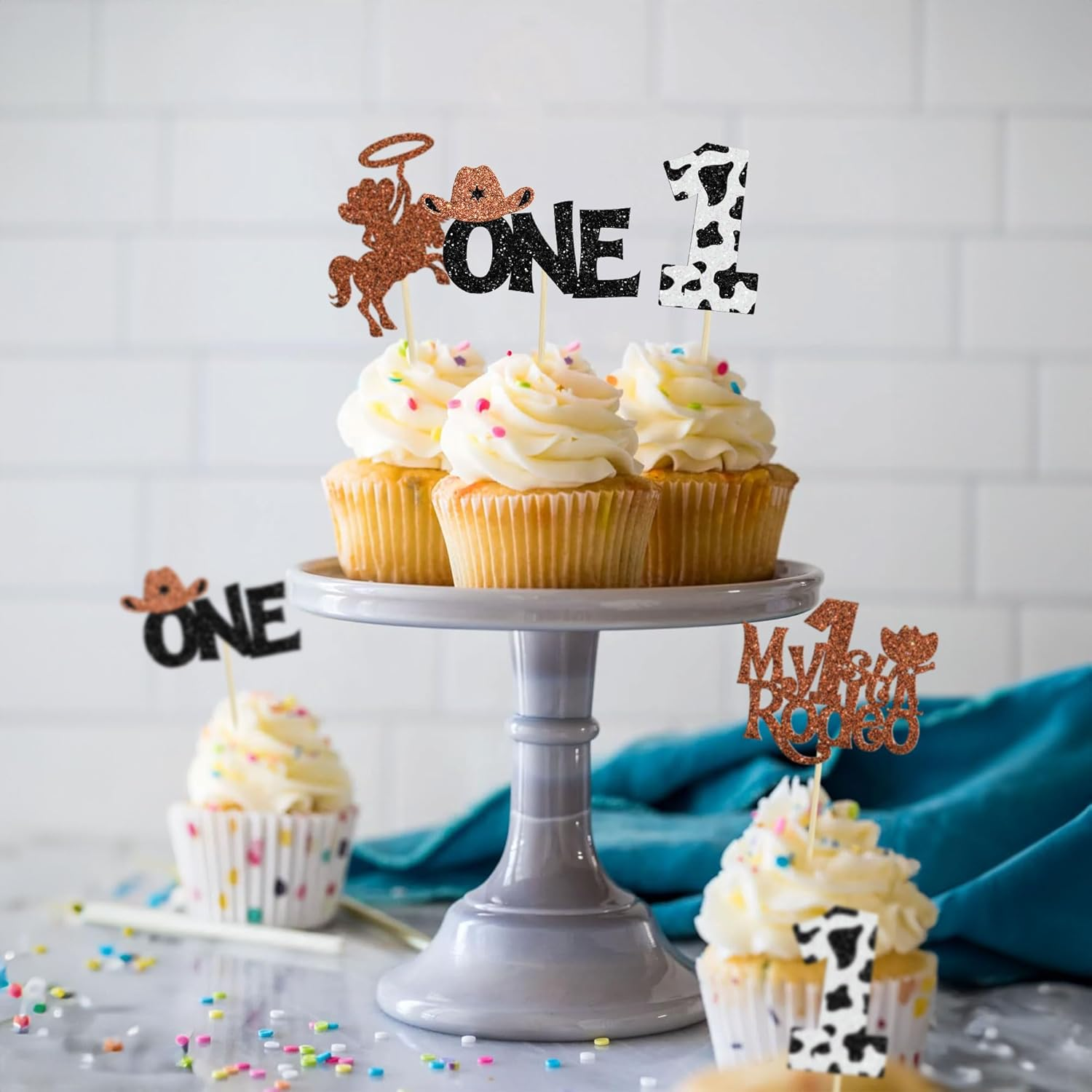 24Pcs Cowboy 1St Birthday Cupcake Toppers Glitter First Birthday Hat Cowboy One Cake Decorations for Western Theme Baby Shower Kids Boys 1St Birthday Party Supplies Brown
