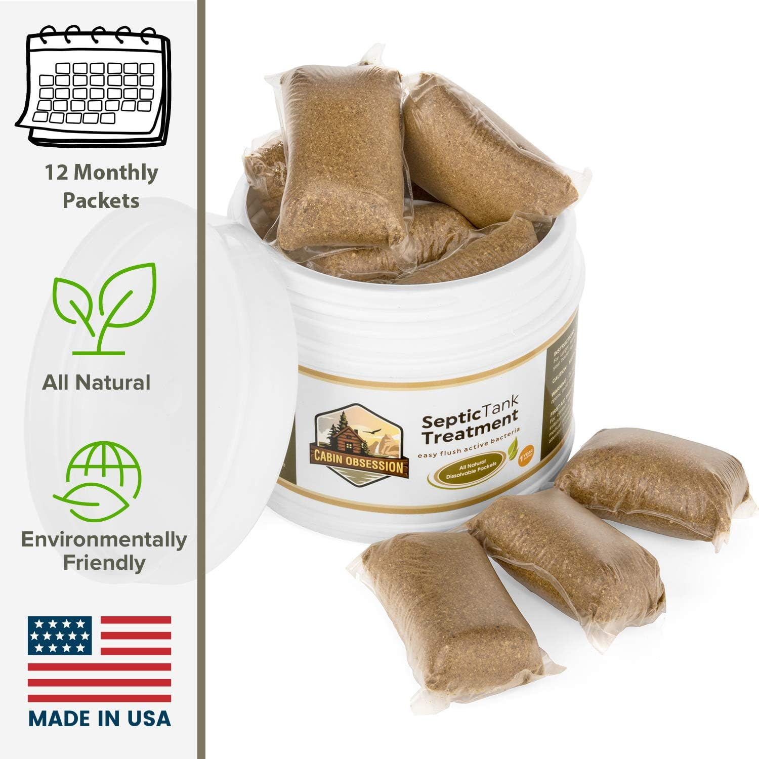 Septic Tank Treatment - 1 Year Supply of Dissolvable Easy Flush Live Bacteria Packets (12 Count) - Best Way to Prevent Expensive Sewage Backups - MADE in USA image number 1