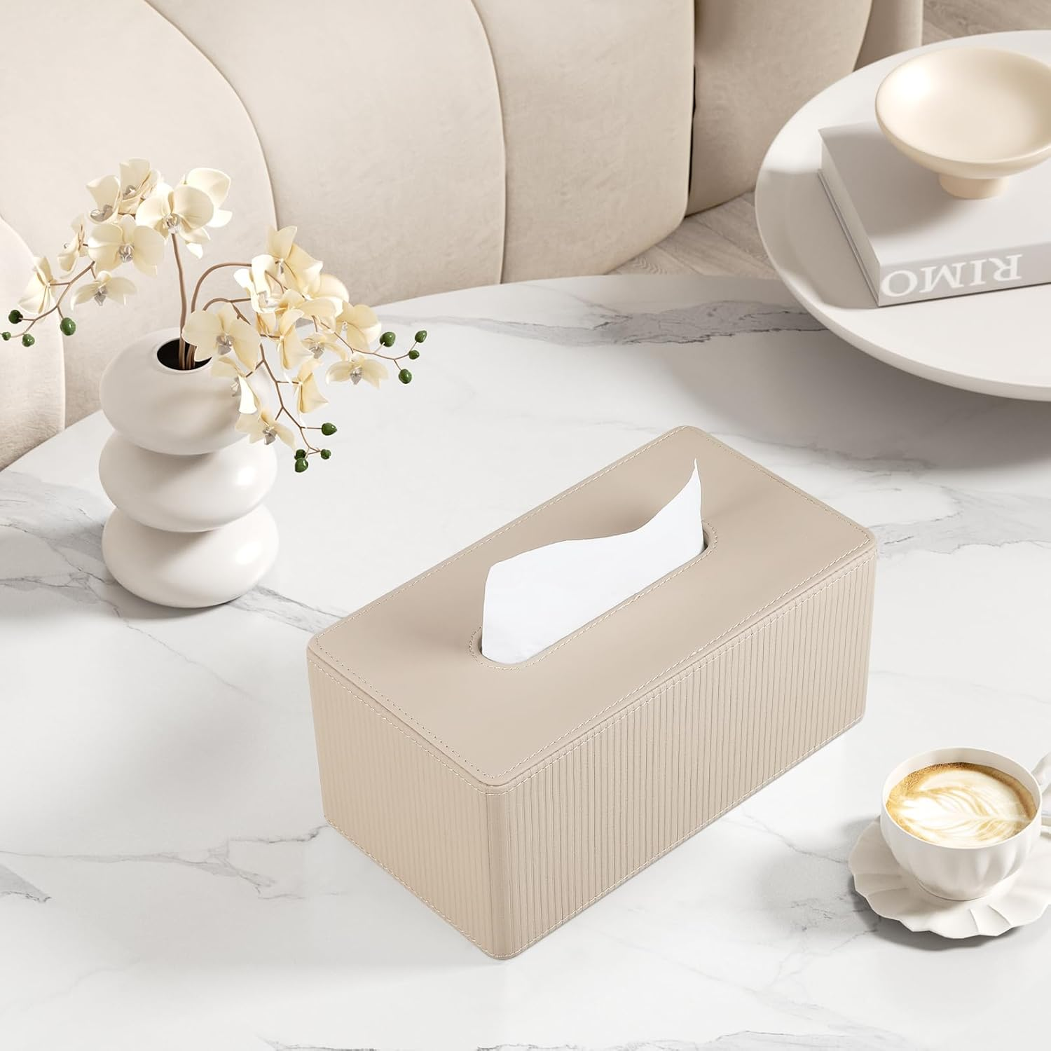 Cretkhp PU Leather Tissue Box Cover with Magnetic Closure, Modern Rectangular Tissue Box Holder Decorative for Bathroom Vanity Countertop Night Stands Bedroom Office (Beige Striped, Rectangular)