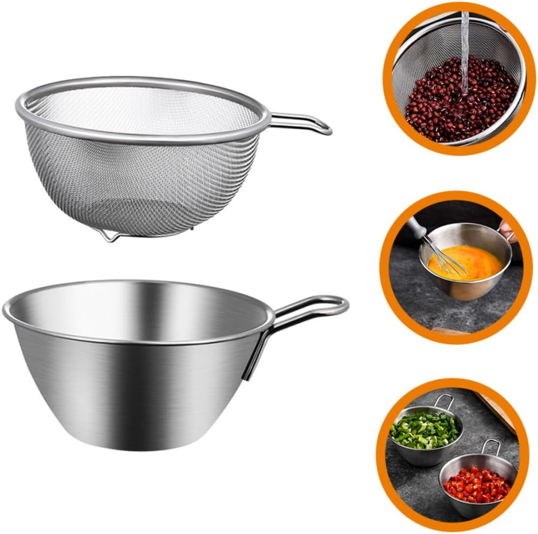 1 Set Stainless Steel Mixing Bowls Metal Mixing Bowls Metal Colander Salad Mixing Bowls Food Strainer Stainless Steel Colander Rice Colander Steel Strainer Sieve Small Water Filter image number 2
