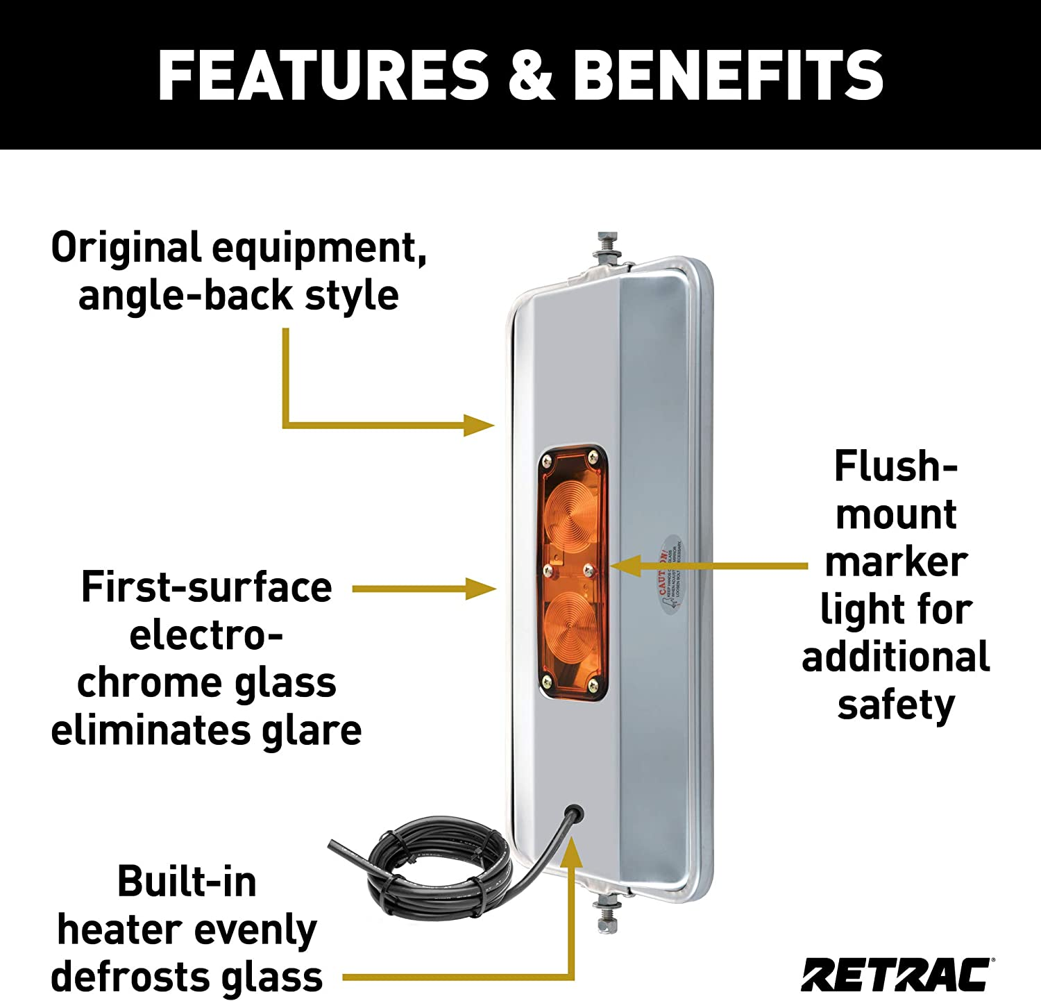 Retrac 601288 7 X 16-Inch Stainless Steel Rounded Angle-Back Heated, Lighted West Coast Mirror Head, Universal Driver or Passenger Side, Chrome