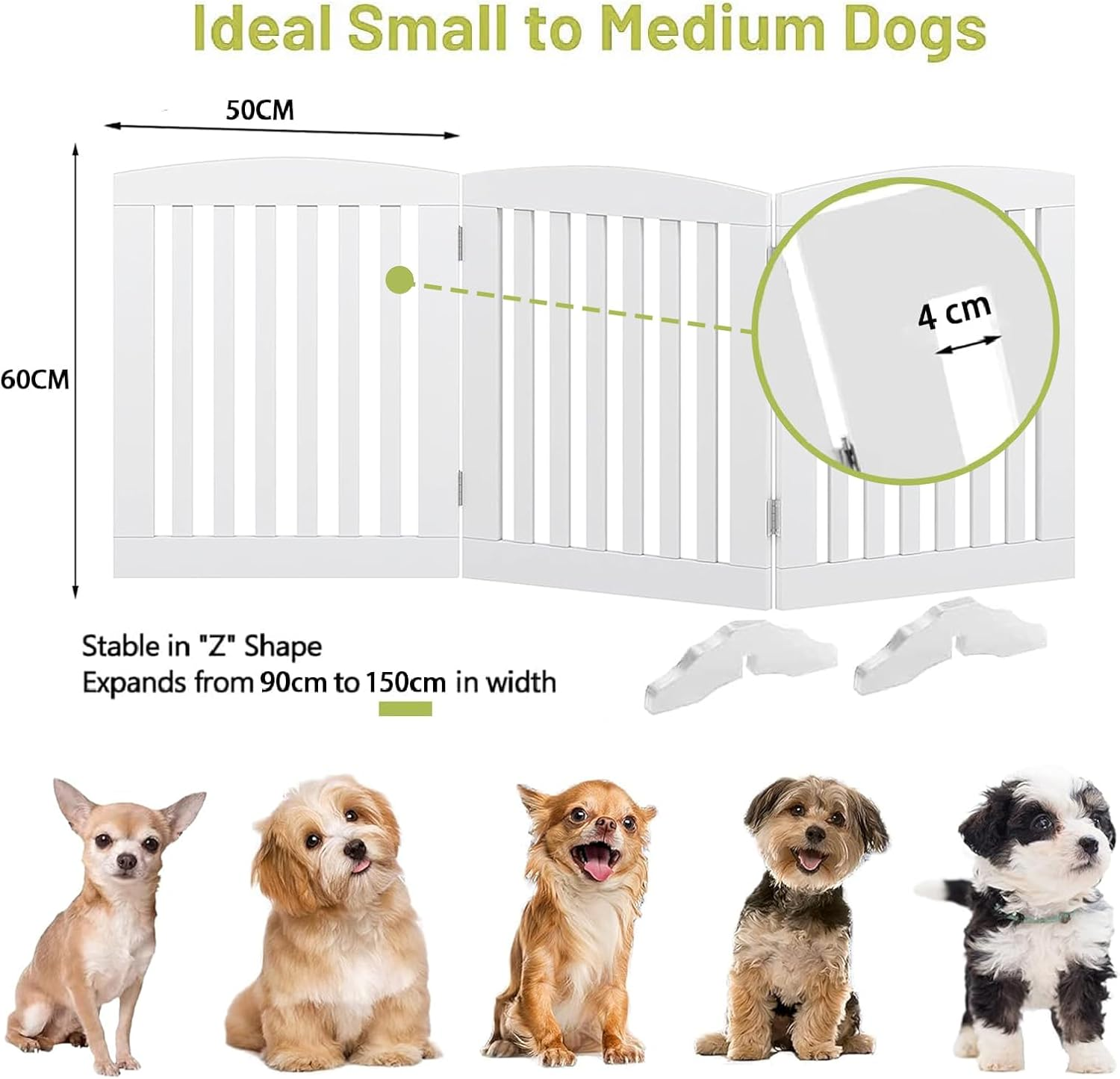 LIODUX Wooden Freestanding Pet Gate for Dogs, Foldable Wooden Dog Gates with 2PCS Support Feet, for Doorways Stairs, Indoor Pet Puppy Safety Fence, Extra Wide, 60CM High, 150 CM Wide (White,3 Panels) image number 5