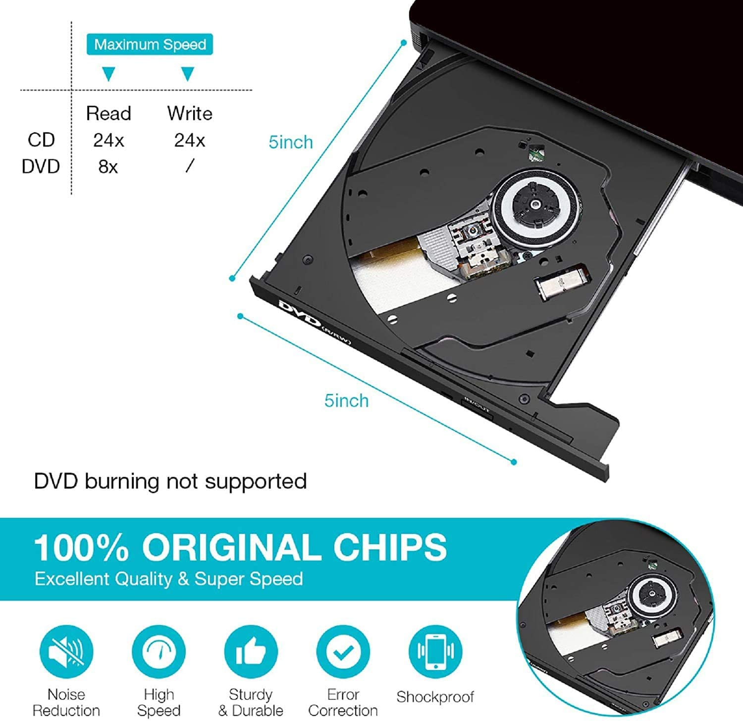 External CD DVD Drive, Slim Portable External CD Rewriter Burner Writer, Low Noise High Speed Data Transfer USB Optical Drive for Laptop/Pc Desktop/Mac Os/Linux/Windows 11/10/8/7/Xp-Black image number 3