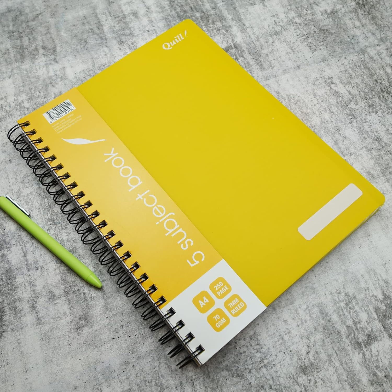 Quill, 5 Subject Notebook A4, 250 Pages, 8Mm Ruled, 70Gsm, 7 Punched Holes, with Red Margin and Perforated Pages, Water Resistent Cover, Random Colour