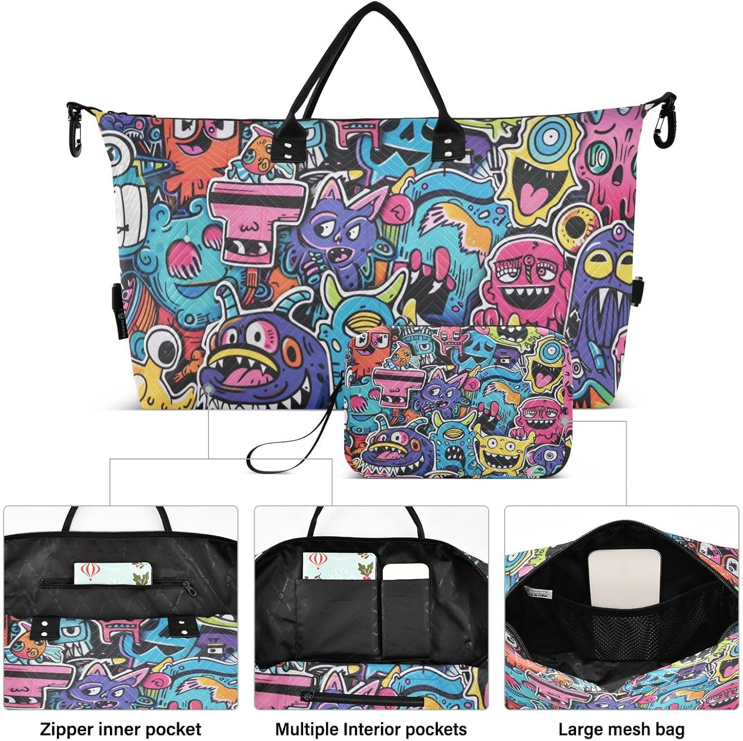 Graffiti Art Trend Play Stickers Travel Hand Bag Travel Weekender Gear Bag Sport Training Bag with Toiletry Bag for Workout Multifunctional, Graffiti Art Trend Play Stickers, One Size, Graffiti Art image number 4