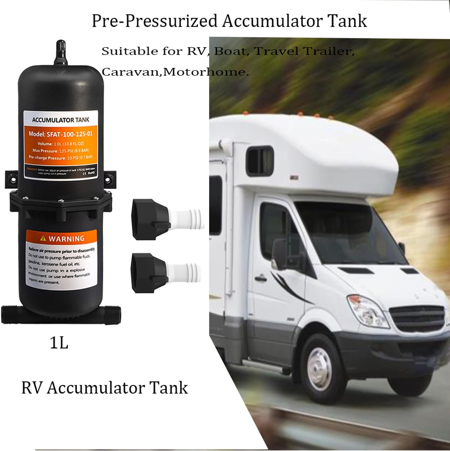 Mtsmart RV Accumulator Tank, 1 L RV Pre-Pressurized Accumulator Tank for RV, Motorhome, Travel Trailer, Caravan,Camper Truck, Boat, Marine,Reduced Pump Cycling Yacht Water Accumulator Tank image number 3