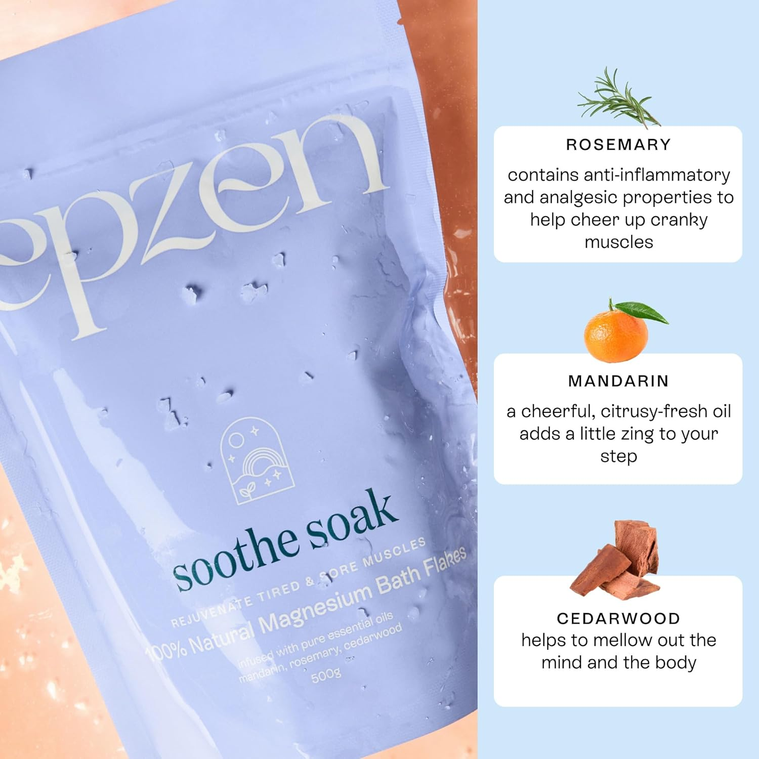 Epzen Soothe Soak Natural Magnesium Bath Flakes with Essential Oils - Epsom Salt Alternative, Relaxing Bath Salts for Post-Workout Recovery & Stress Relief - Scoop & Unwind in a Steamy Bath - 500G image number 5