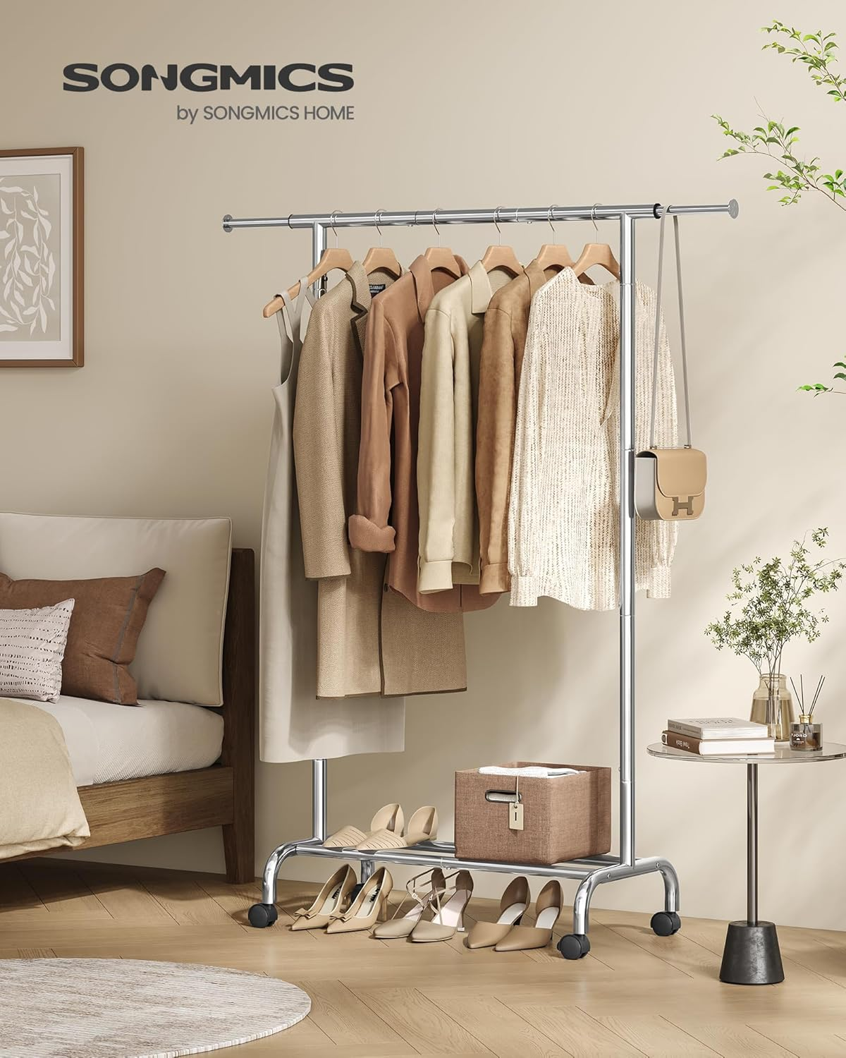 SONGMICS Stand Appendiabiti Con Ruote, Attaccapanni Estensibile in Metal, Con Ripiano Portaoggetti Rialzato, 40 X (83-120) X 156 Cm, Portata Total 45 Kg, Argento HSR134E01 - Cloudy White image number 7