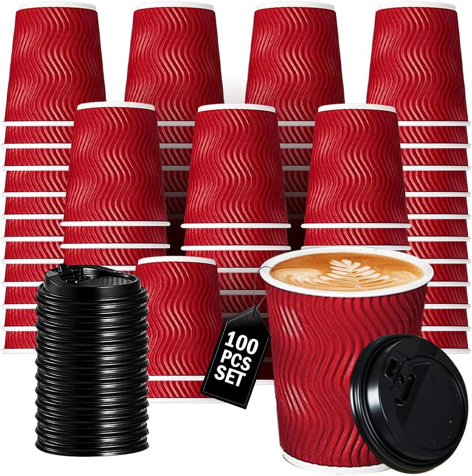 Vivva 12Oz 100 Pack Ripple Wall Paper Cups, Disposable Coffee Cups with Lids, to Go Paper Coffee Cups for Hot/Cold Beverages, Tea, Hot Chocolate, Juice. Ideal for Home, Restaurant, and Cafe (Blue)