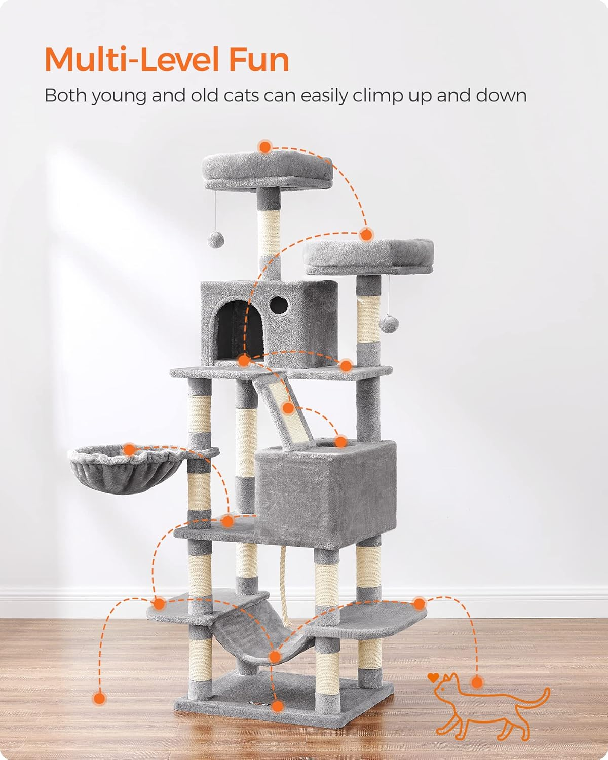 FEANDREA Cat Tree, 168 Cm Large Cat Tower with 13 Scratching Posts, 1 Scratching Ramp, 2 Perches, 2 Caves, Basket, Hammock, Pompoms, Multi-Level Plush Cat Condo for Indoor Cats, Light Grey image number 6