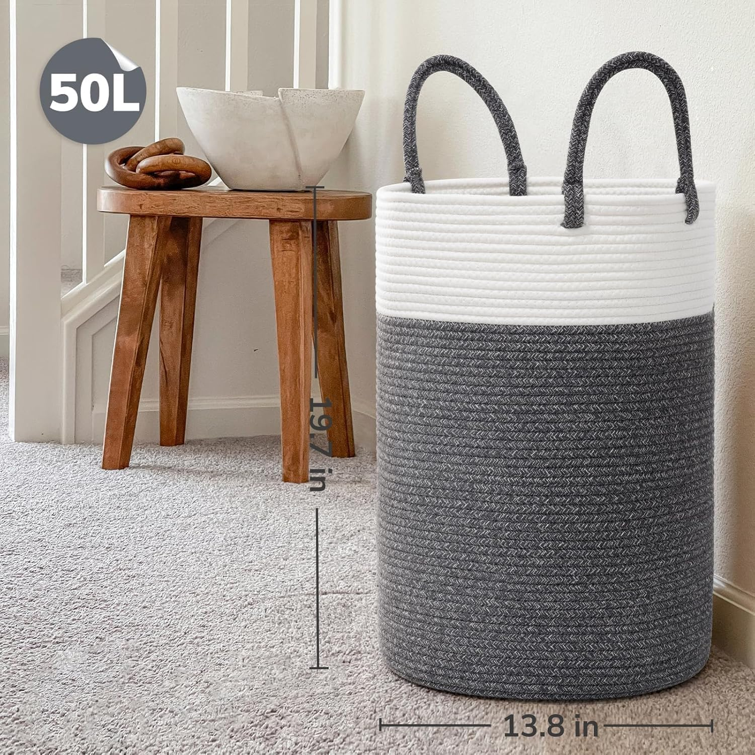 Large Laundry Hamper, Cotton Rope Storage Bin, Tall Woven Laundry Basket for Clothes and Toys, Blanket Storage, Basket for Living Room, Baby Nursery, Bathroom and Bedroom (Grey) - Grey image number 5