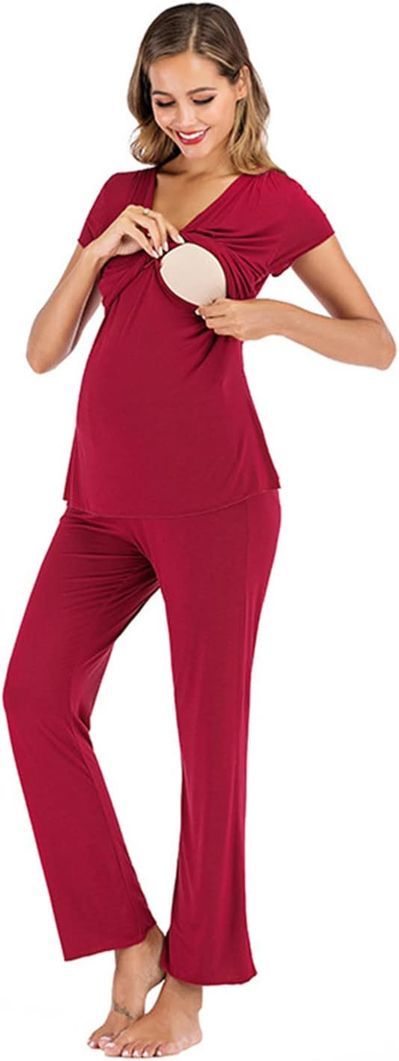 AIRMOOD Maternity Nursing Pyjamas Set, Super Soft V-Neck Short Sleeve Sleepwear Breastfeeding Loungewear Nursing Nightie Pjs for Pregnant Women, Maternity Clothing for Home Hospital