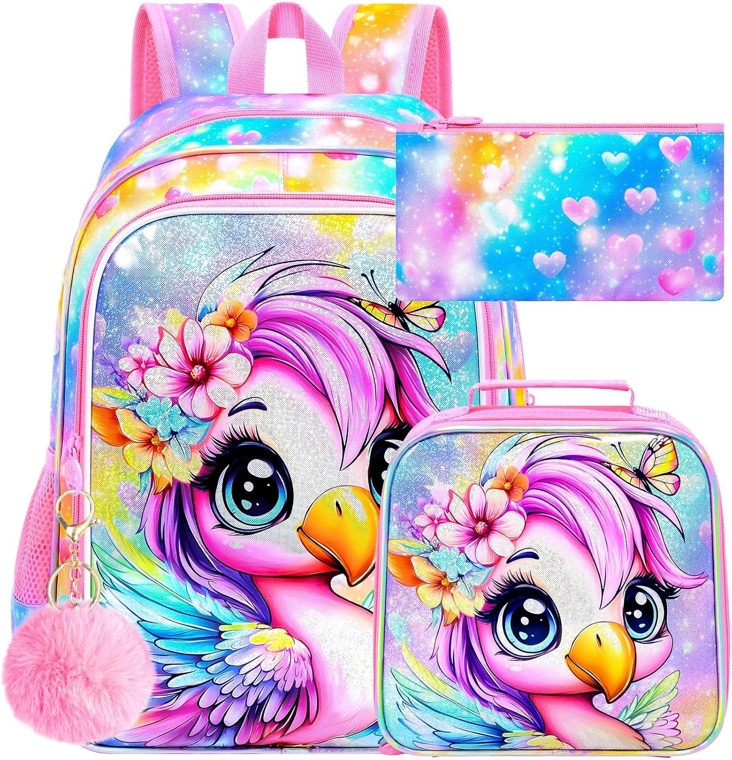 ZLYERT 3Pcs Flamingos Backpack for Girls, 16" Kids School Backpacks with Lunch Box, Bookbag for Elementary Preschool Kindergarten (Pink) image number 1