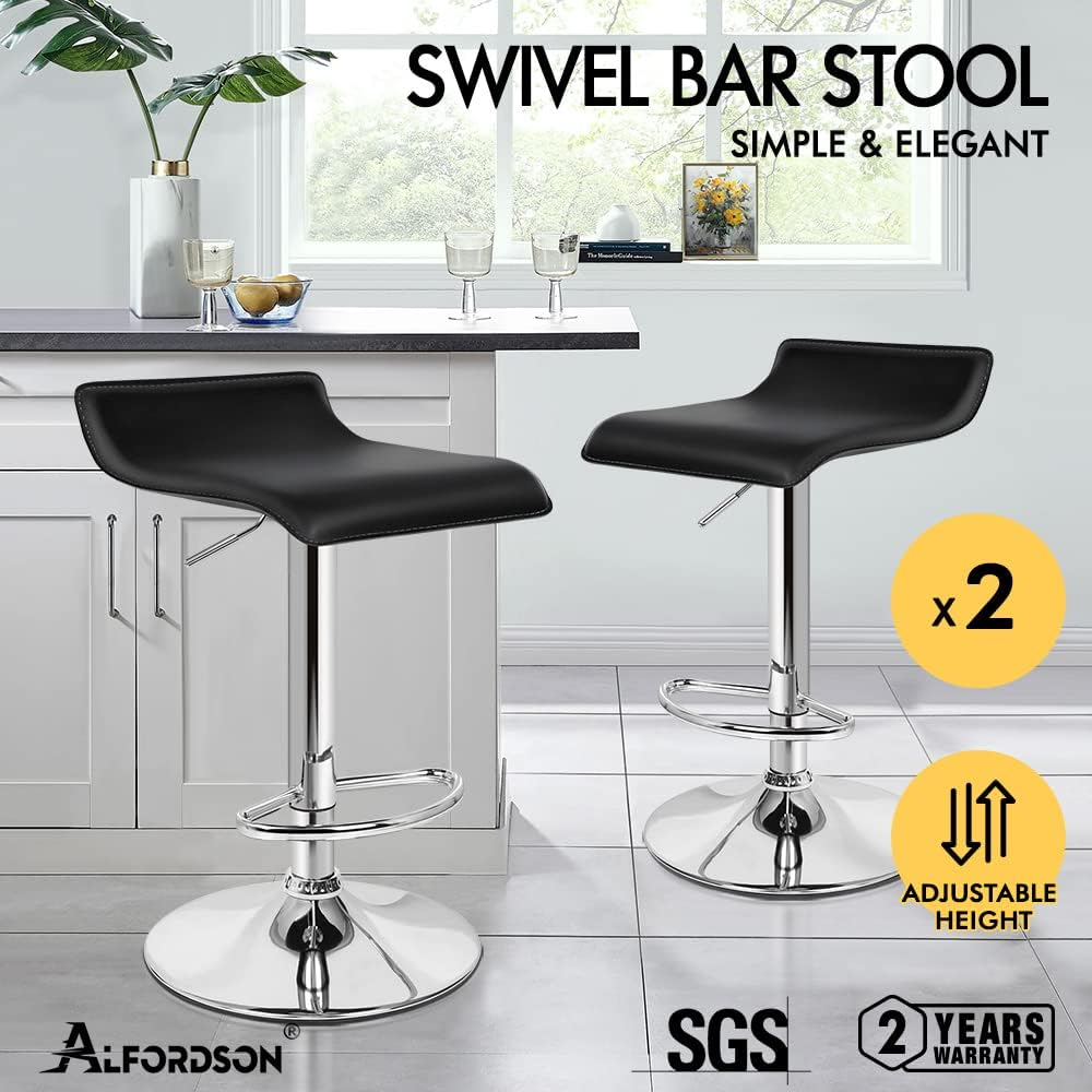 ALFORDSON 2X Bar Stool PU Leather Saxton Swivel Kitchen Barstools in 53-73Cm Adjustable Backless Seat Height Counter Dining Chairs with Footrest and Floor Protector (Black)