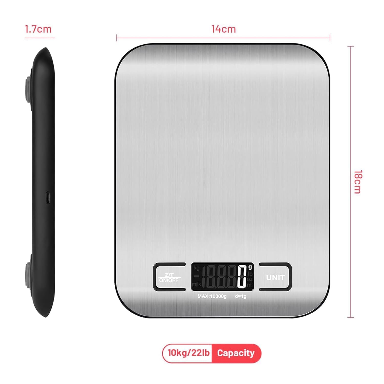 FEBHBRQ Rechargeable Kitchen Scale with USB-C Fast Charging, 10Kg/22Lb Digital Food Scale, 1G Precision, Stainless Steel Platform, Multiple Units (G/Lb/Oz/Ml), Tare Function - Easy to Clean & Auto-Off