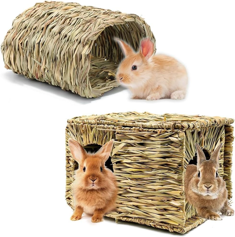 2 Pack Large Grass House and Tunnel for Small Animal, Hand Crafted Natural Grass Hideaway Foldable Bed Hut for Bunny Guinea Pig Chinchilla Ferret for Play and Sleep image number 4