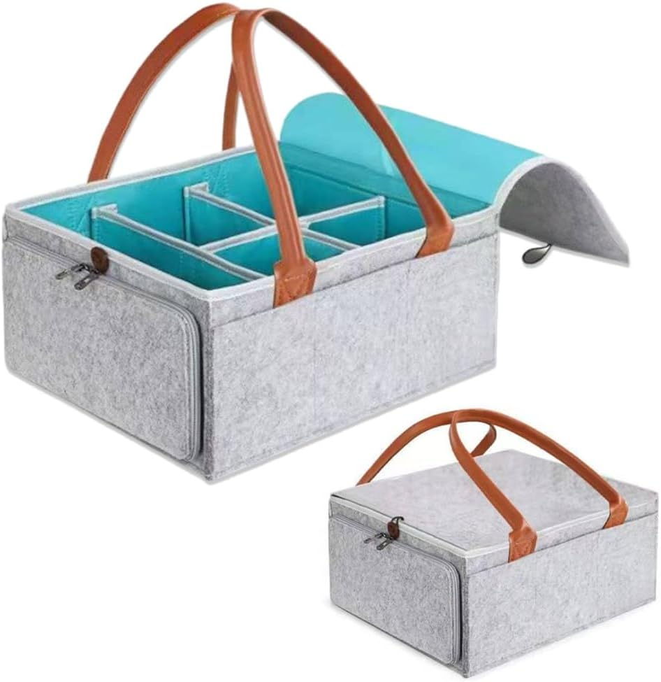 TINY SPARK Baby Diaper Caddy Organizer with Lid,Large Diaper Caddy with 7 Pockets and 5 Compartments,Foldable Diaper Tote Bag with Leather Handle for Travel, Car, Changing Table image number 3