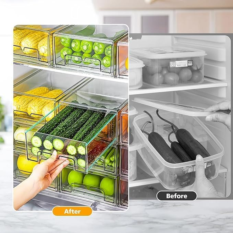 2 Pack 30X14X11Cm Clear Large Fridge Organizer Bins with Pull Out Drawer & Drain Tray, Stackable Fridge Freezer Organizers, Sealed Kitchen Food Container Storage Box for Food Fruit Vegetable Drinks image number 1
