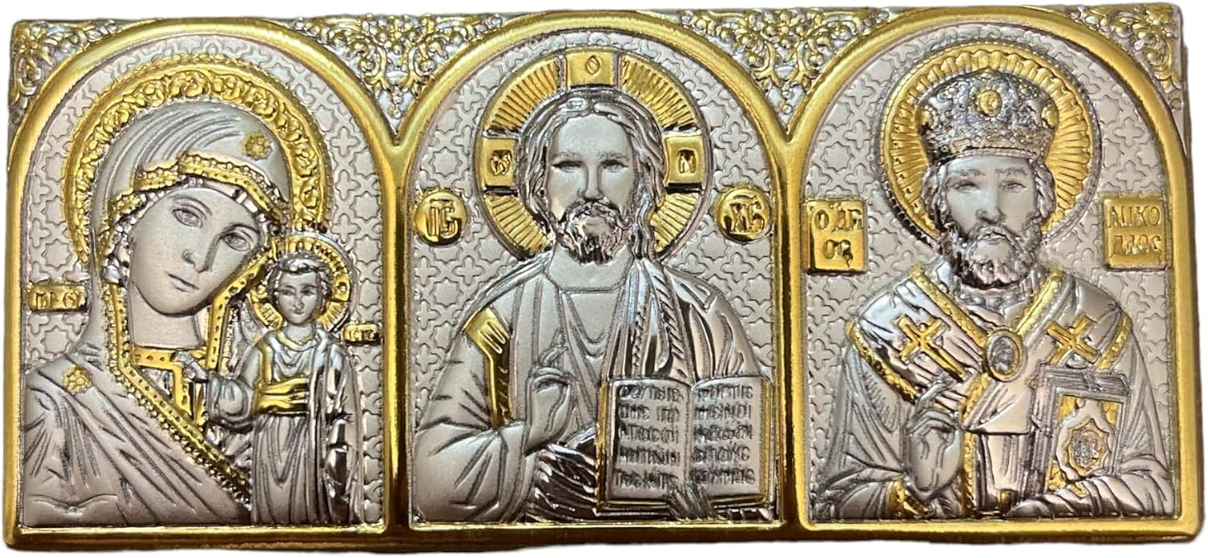 Car Protection Travel Silver Orthodox Icon/Greek Handmade (Savior, Virgin Mary of Kazan, Nicholas)