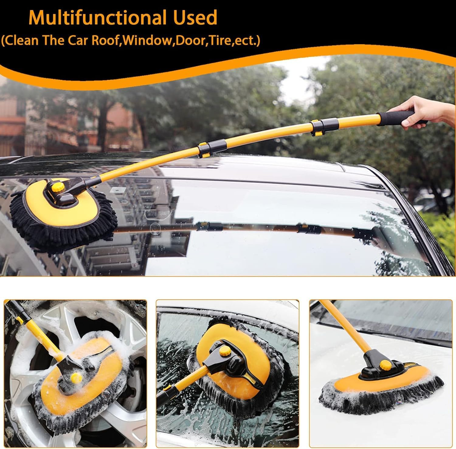 Mumoo Bear 15&deg; Curved Car Cleaning Brush with Telescopic Handle 43" Aluminum Alloy Long Rod Wash Mop for Washing Caravan Van Truck Boat RV Roof Soft Chenille Head Duster Clean Product Scratch Free image number 4