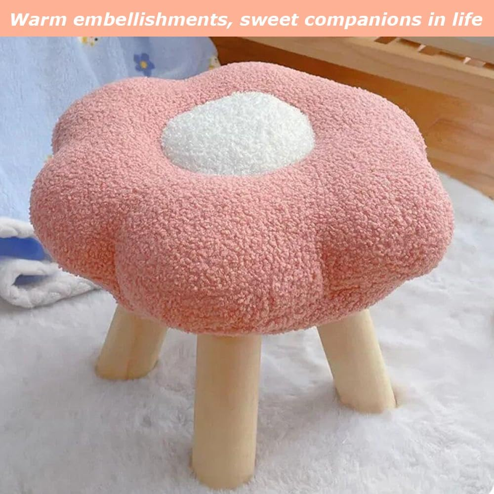 Flower-Shaped Small Ottoman Footstool, Multipurpose Wooden Leg Pouf for Bedroom, Living Room, Entryway, Playroom, under Desk, Pink image number 5