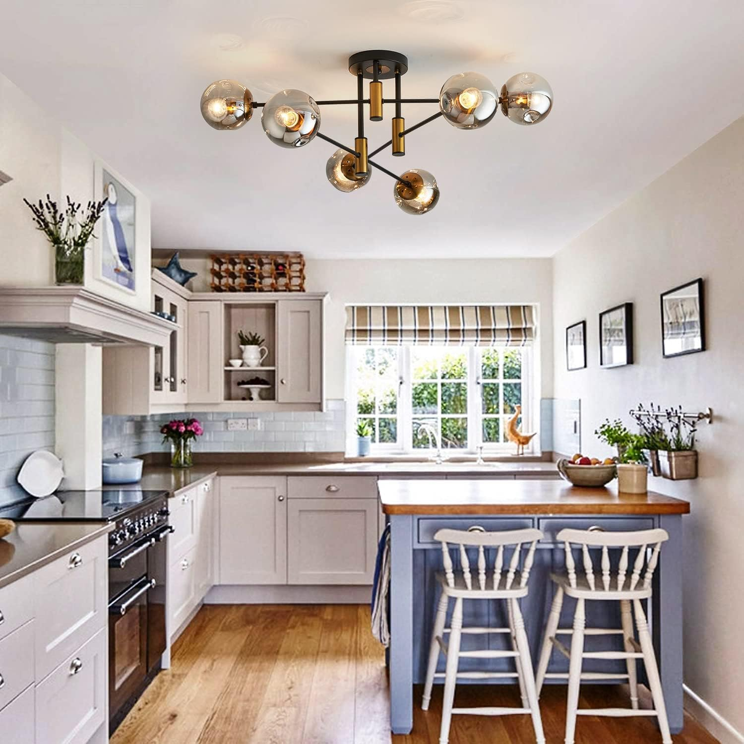 Anyuainiya 6-Light Glass Globe Modern Sputnik Chandelier, Matte Black and Gold Living Room Ceiling Light Fixture Vintage Hanging Chandeliers for Dining Room Living Room Bedroom Farmhouse image number 4