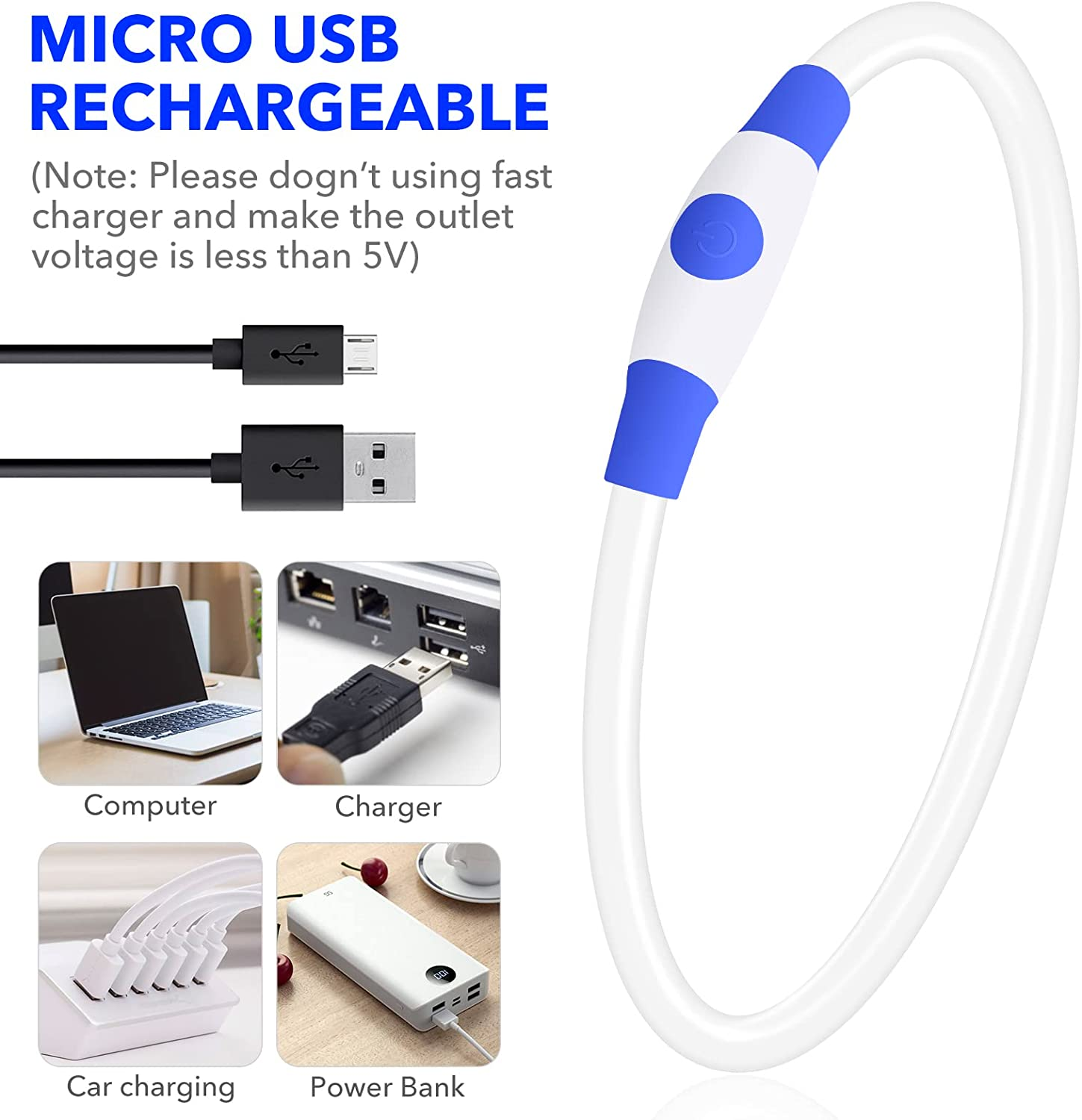 Light up Dog Collar, BSEEN USB Rechargeable Flash Dog Necklace Light, Pet Safety Collar Makes Your Beloved Dogs Be Seen at Night for Small Medium Large Dogs(Blue) image number 6