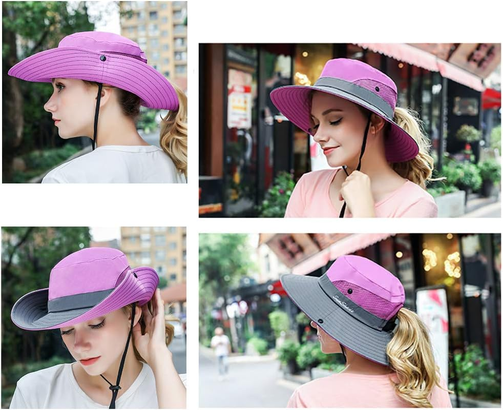 Peicees Women Ponytail Sun Hat, UPF 50+ UV Protection Summer Cap Adjustable Bucket Hat Wide Brim Adventure Cowboy Hat Waterproof Foldable Bonnie Hat, Hiking Beach Fishing Safari Hat for Women - X_Light Pink/Watermelon Red image number 6