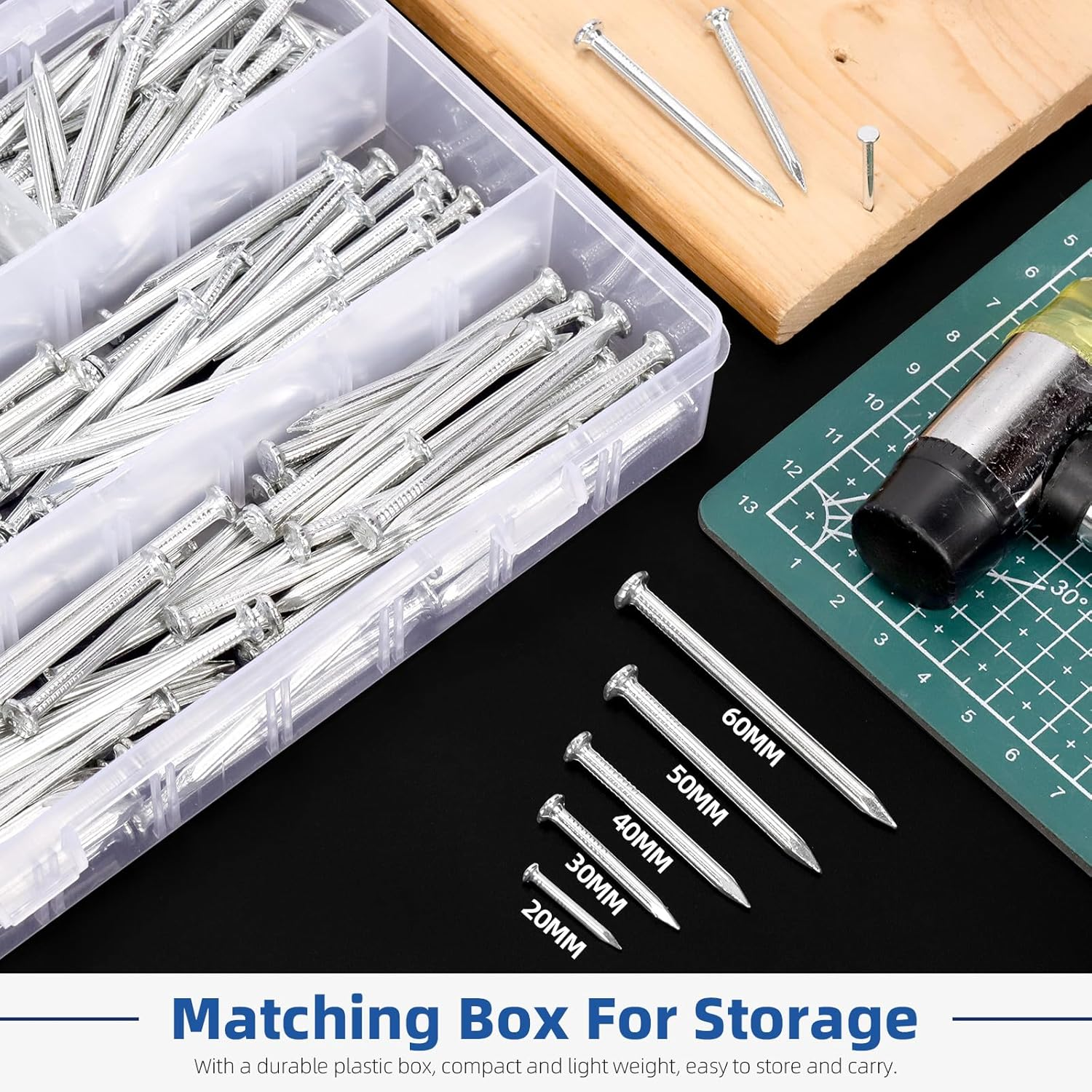 Glarks 300Pcs 20/30/40/50/60Mm Brick Steel Nails Kit, White Zinc Carbon Steel Hardware Nails, Finishing Nails, Brad and Picture Hanging Nails, Wood Nails, Cement Nails for Drywall and Pine - Black image number 6