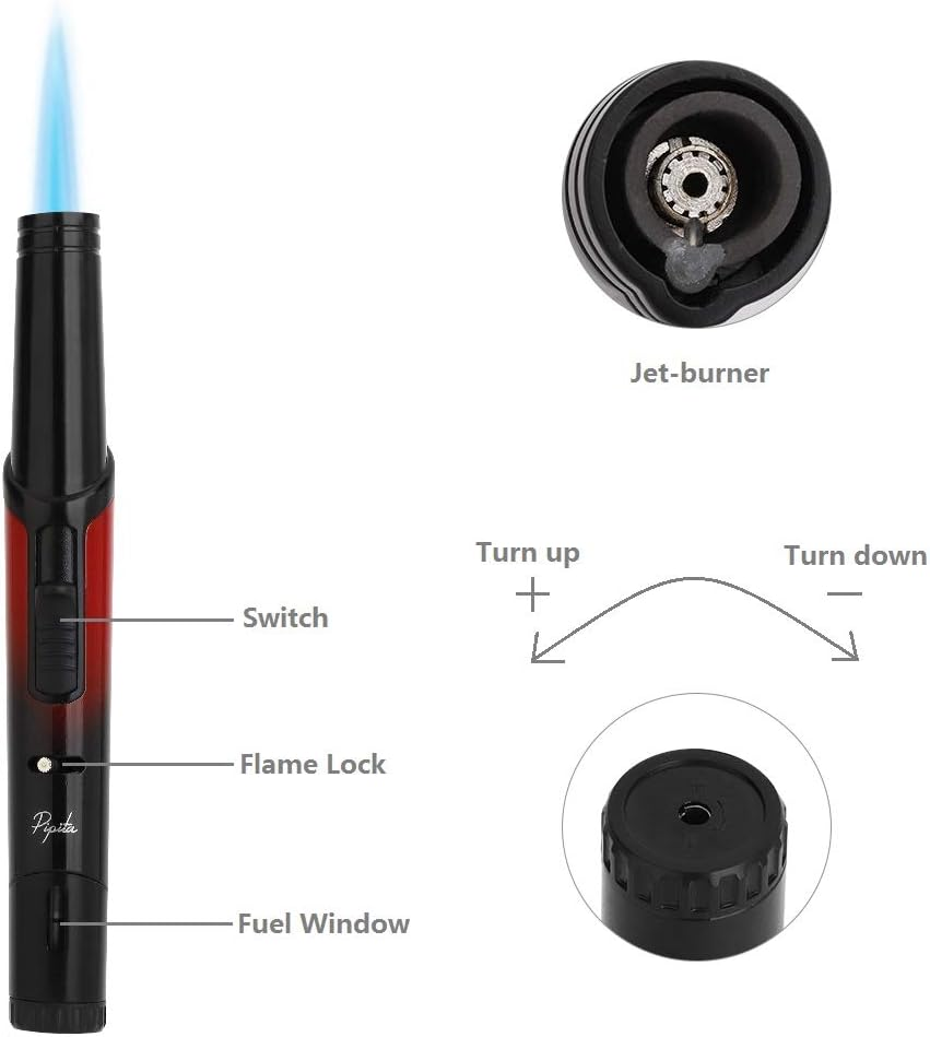 2PACK Windproof Long Lighter Refillable Torch Lighter Inflatable Butane Lighter Adjustable Flame Torch Lighter for Grill Single Torch Jet Flame Lighter(Without Gas) (Red) - Black image number 5
