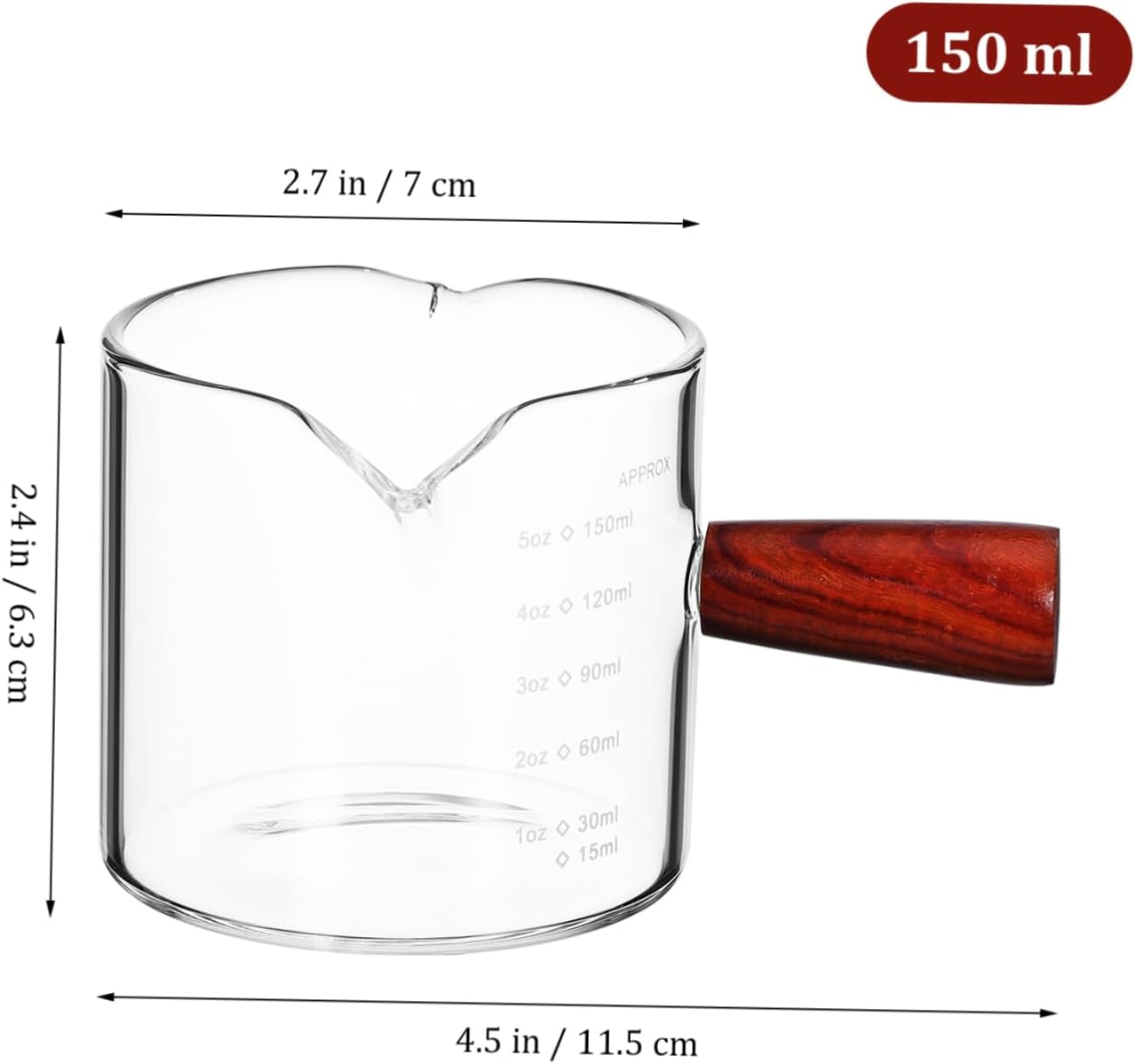 WEKADRIN 2 Pcs Glass Creamer Pitchers with Wood Handle Espresso Measuring Cups Graduated Borosilicate Glass for Coffee Milk Syrup Safe Rounded Edges Compact Design for Home and Cafe Use image number 1