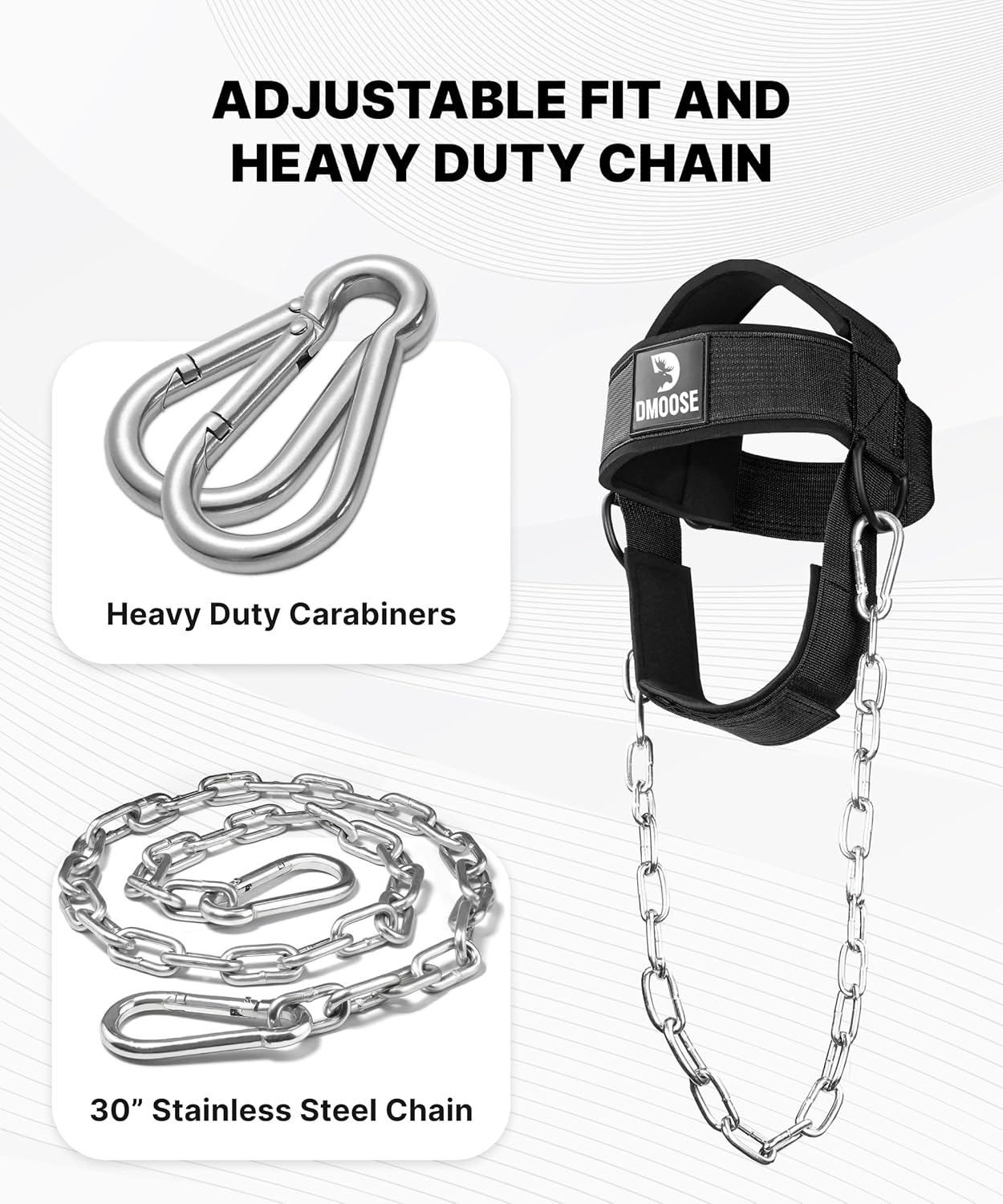 Dmoose Fitness Neck Harness for Weight Lifting - Adjustable Head & Chin Strap with 30" Heavy Duty Steel Chain - Neck Exerciser, Trainer & Strengthener to Support Injury Recovery & Intense Workouts - Gray image number 6