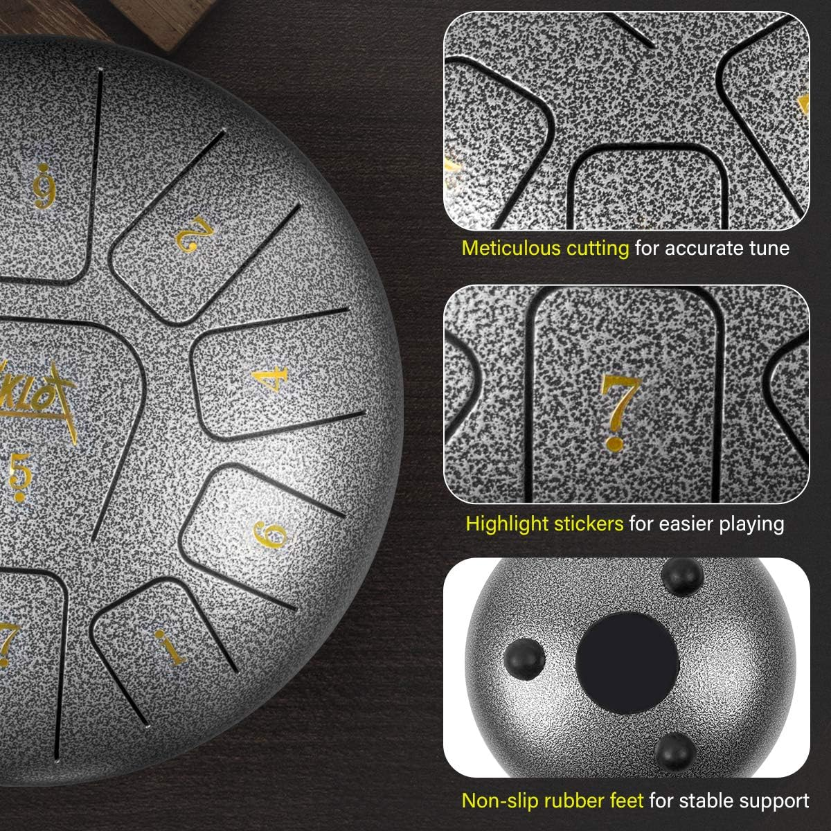 Steel Tongue Drum, AKLOT 10 Inch 11 Notes Tank Drum C Key Percussion Steel Drum Kit W/Drum Mallets Note Stickers Finger Picks Mallet Bracket and Gig Bag image number 6