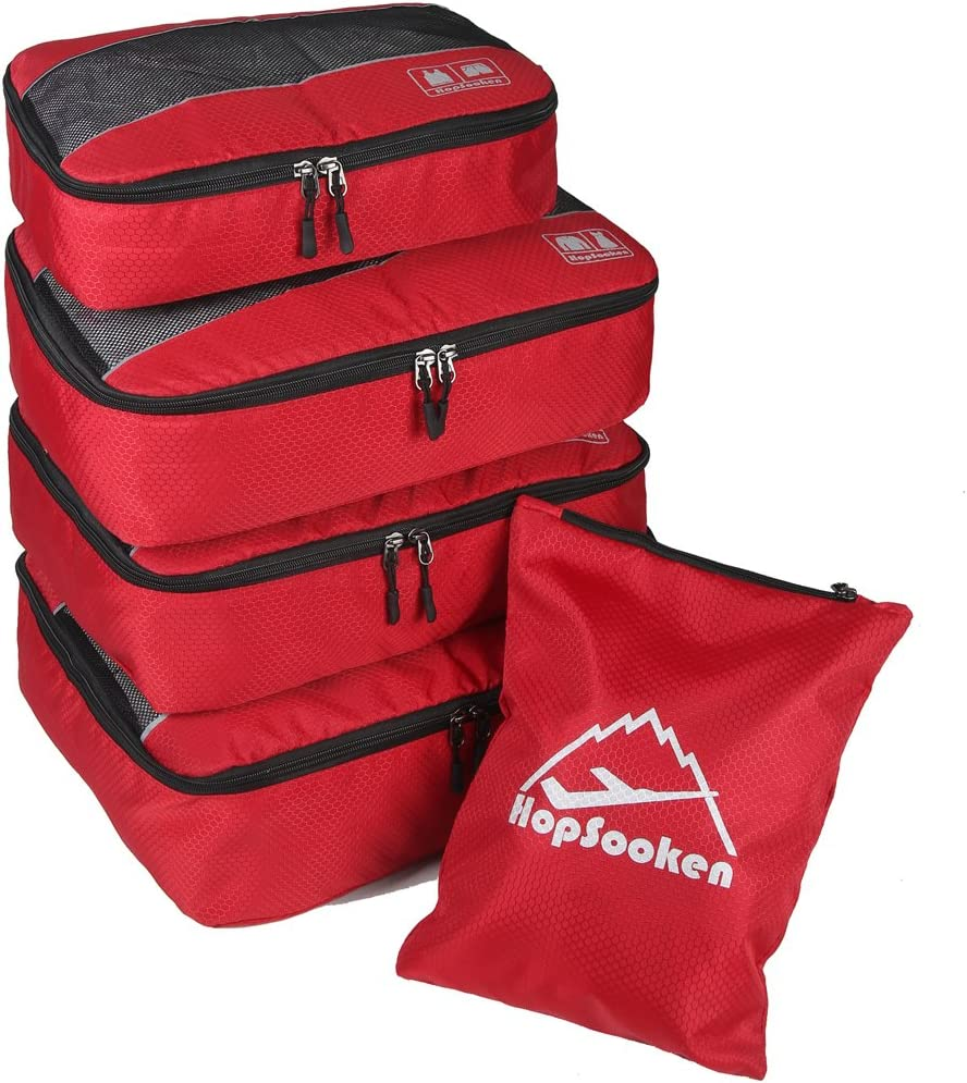 Hopsooken 5 Set Packing Cubes for Travel Large Suitcase Luggage Organizer Bags Travel Accessories Vacation 4 Cubes 1 Laundry Pouch Bag, Red, Large image number 4