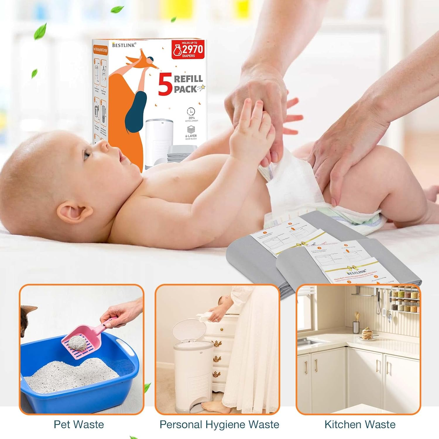 8 Pack Refills Compatible with DEKOR CLASSIC Diaper Pails | 20% Extra Length Diaper Pail Refill Bags Liners Holds 4752 Diapers | Ultimate Odor Control with Baby Scented image number 1