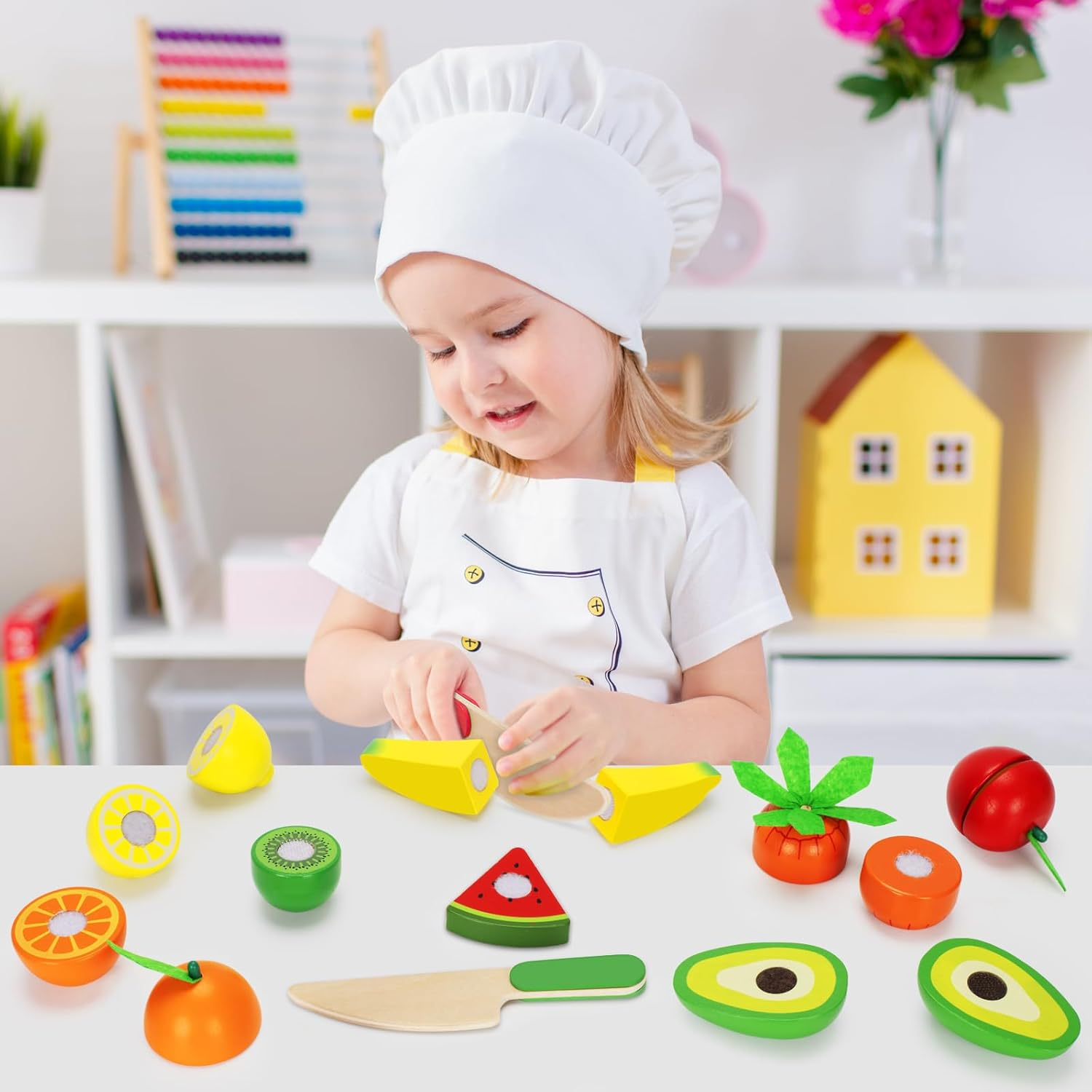 Wooden Play Food Toy Set for Kids Kitchen - 30 Pcs Montessori Cutting & Color Sorting Fake Fruit Accessories with 4 Boxes, Pretend Play Toys for Toddlers 3, Birthday Gifts for Boys Girls image number 6